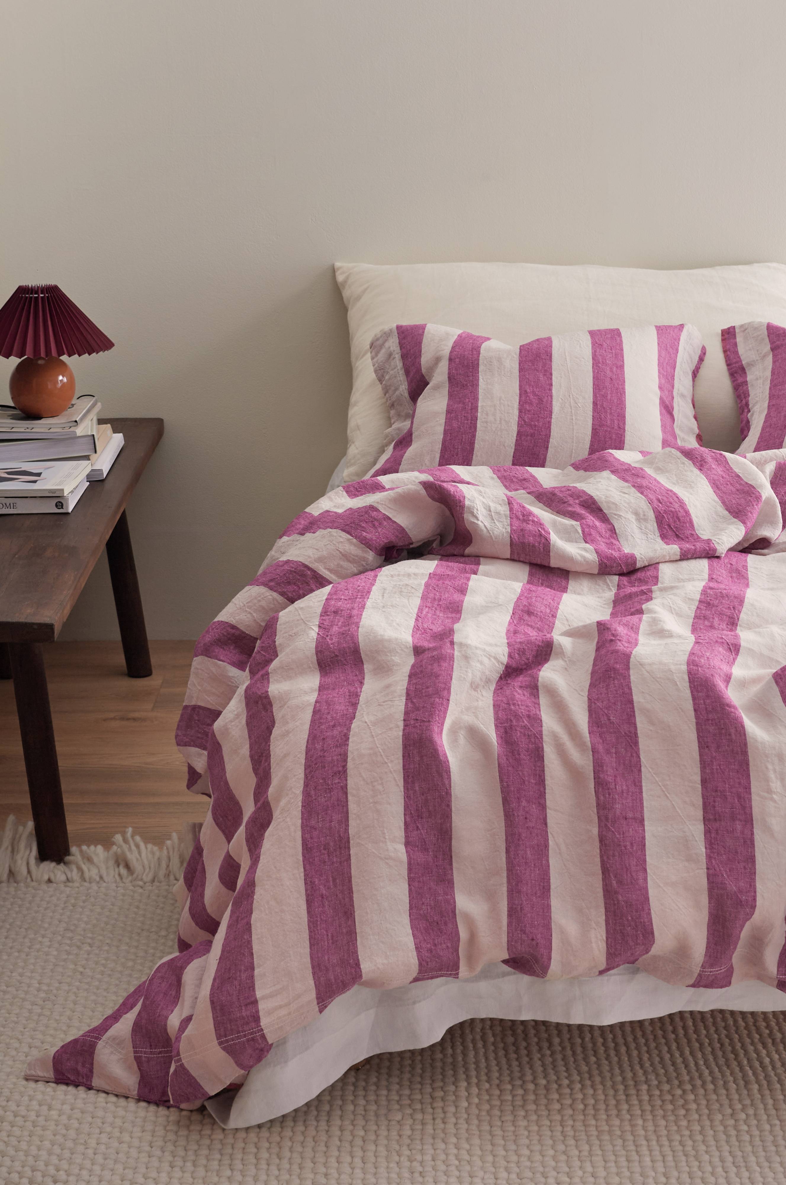 Sengesett Candice Block Stripe i vasket lin, 2 deler