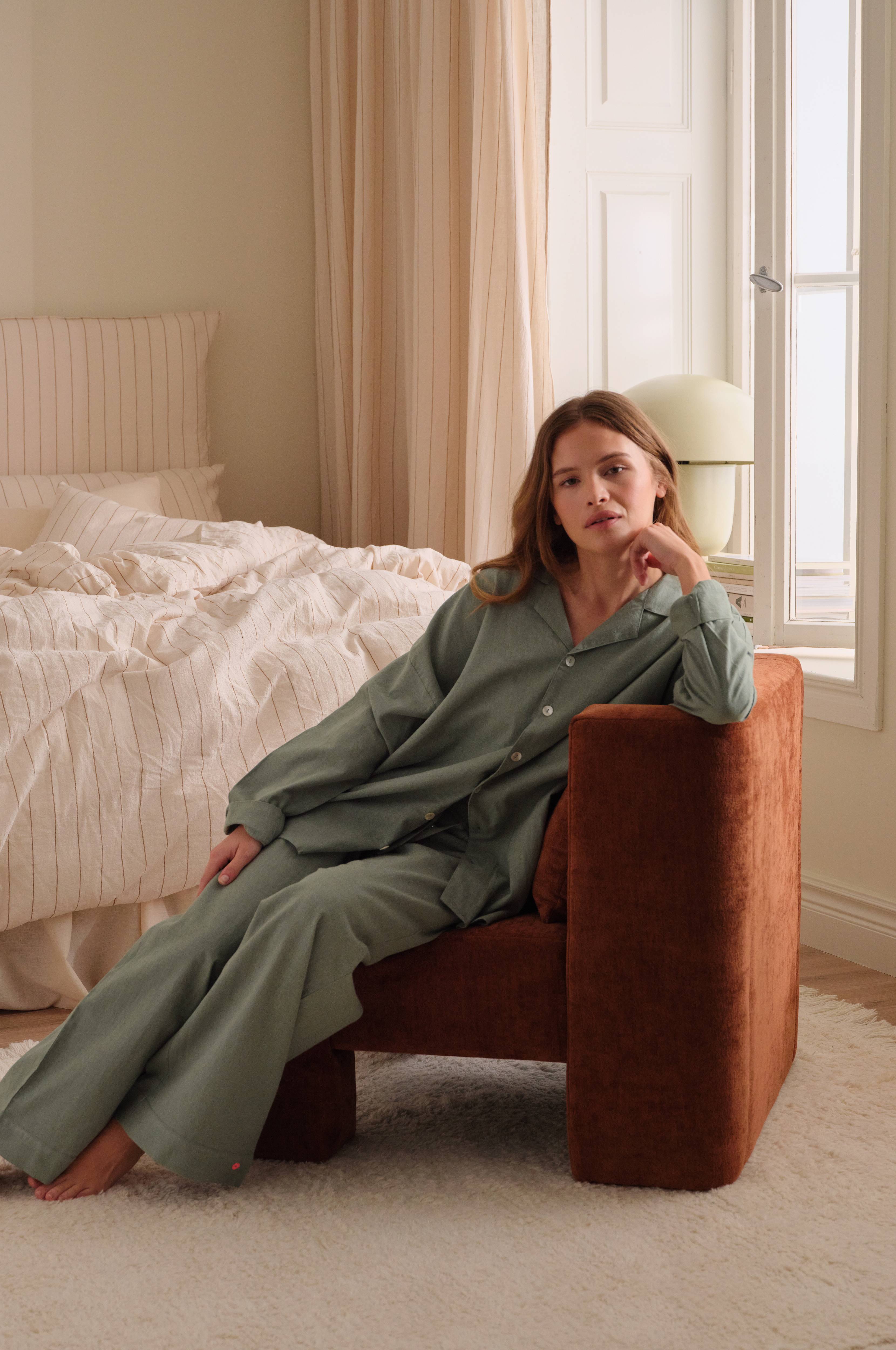 Pysjamasskjorte Long Sleeve Shirt Elly i resirkulert halvlinne