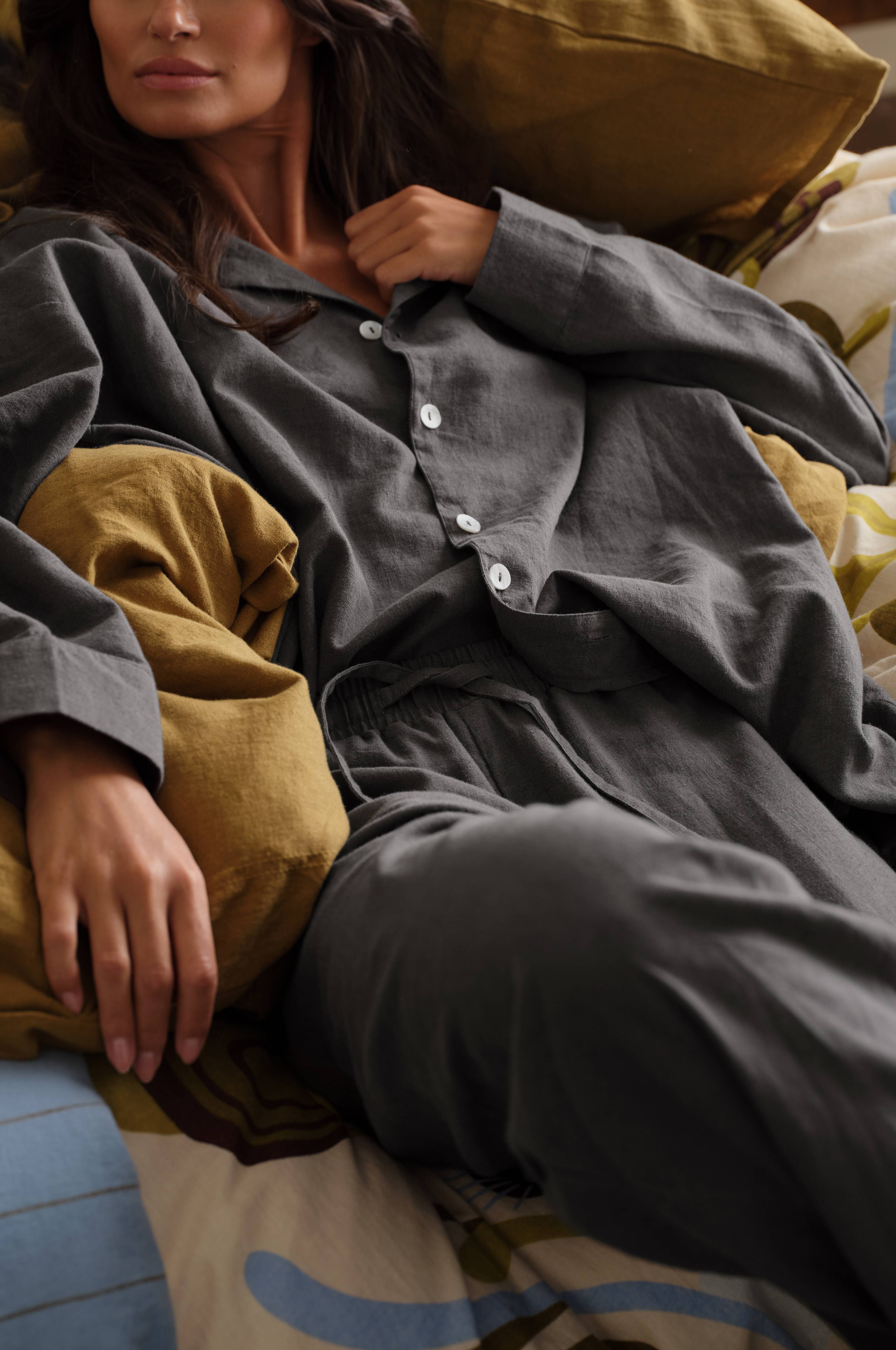 Pysjamasskjorte Long Sleeve Shirt Elly i resirkulert halvlinne