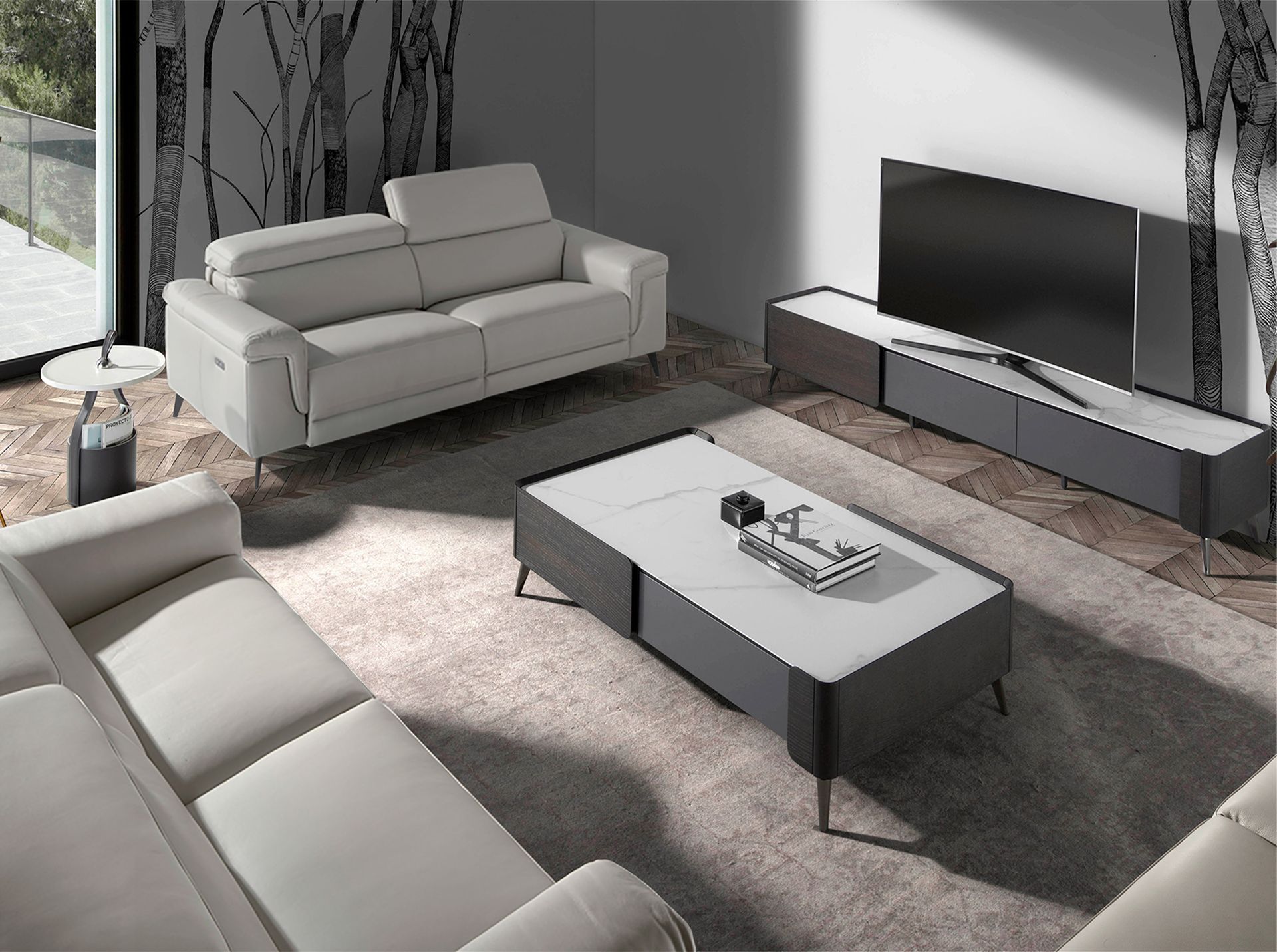 2 seater relaxation sofa in grey leather
