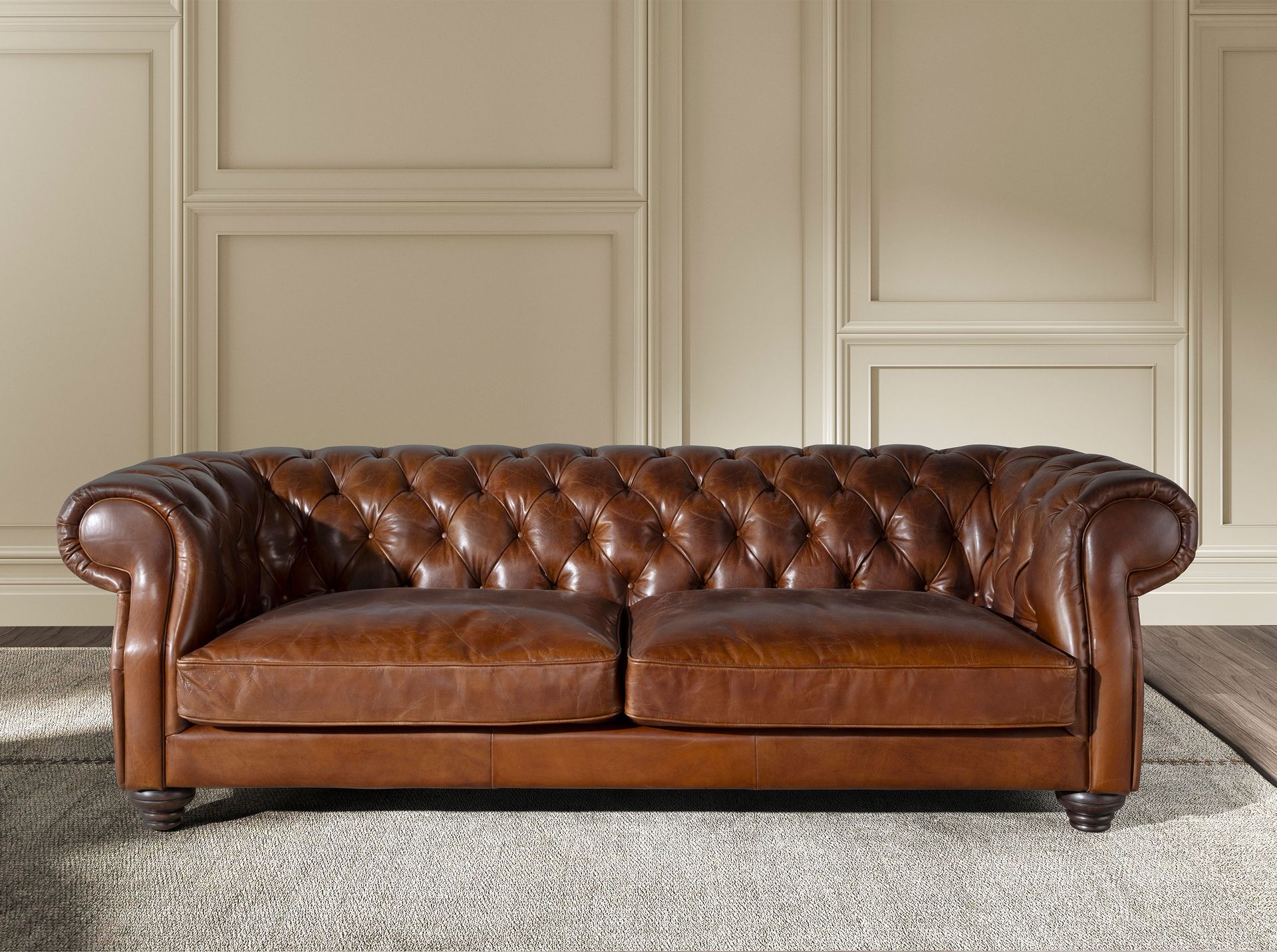 3 seater chester sofa in cognac brown leather