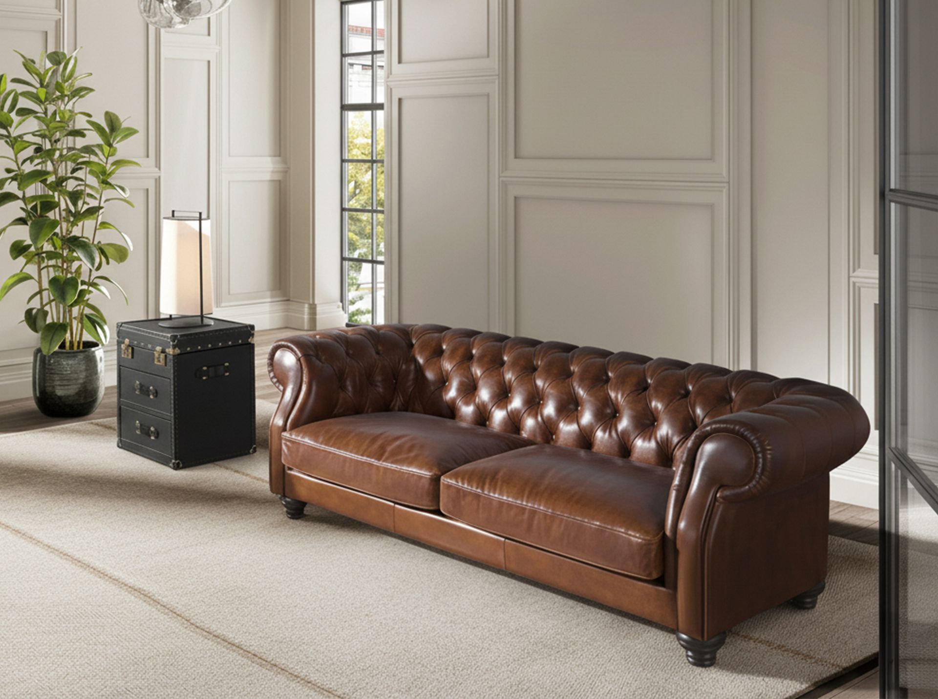 3 seater chester sofa in cognac brown leather
