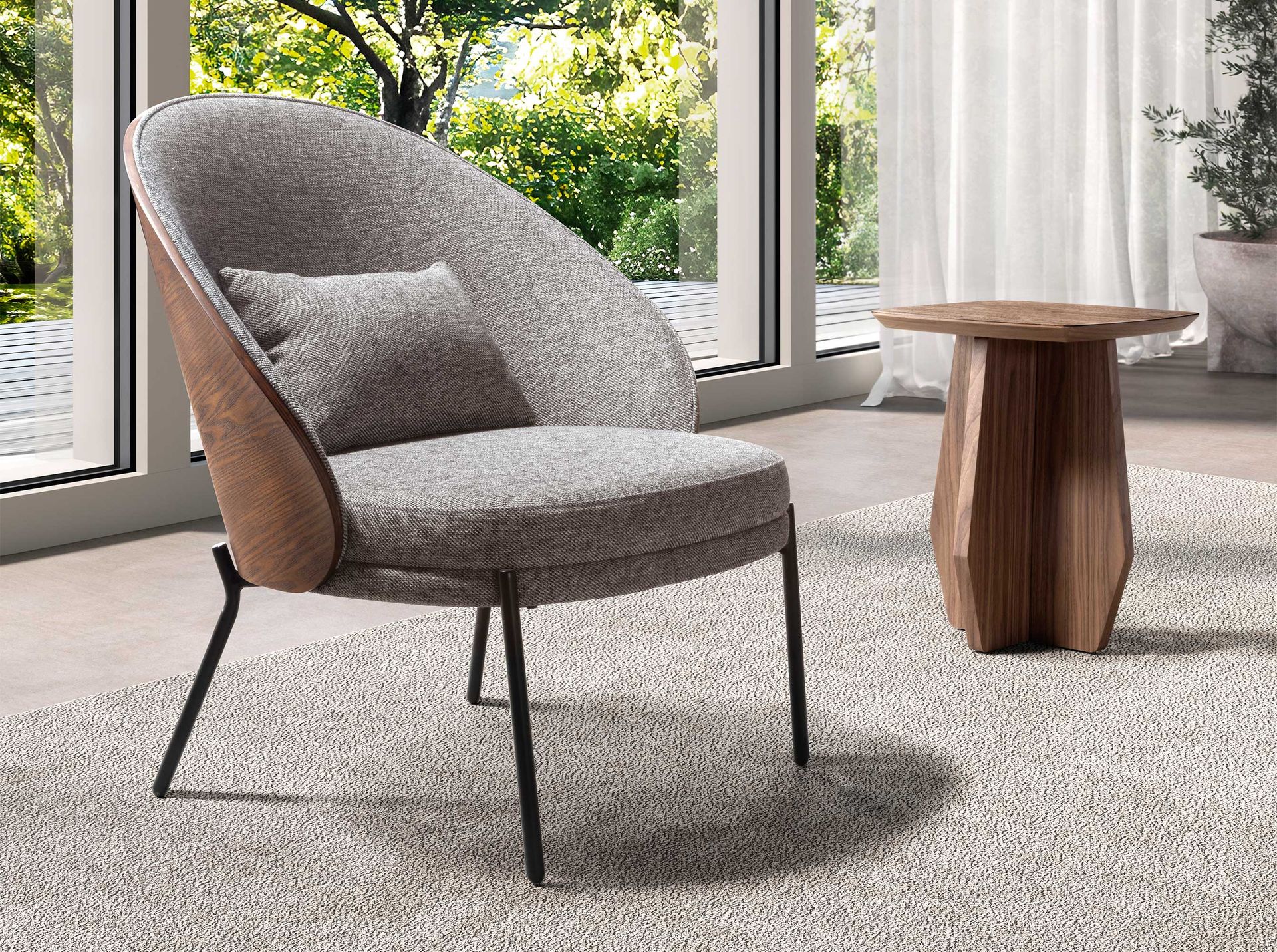 Armchair in grey and walnut fabric