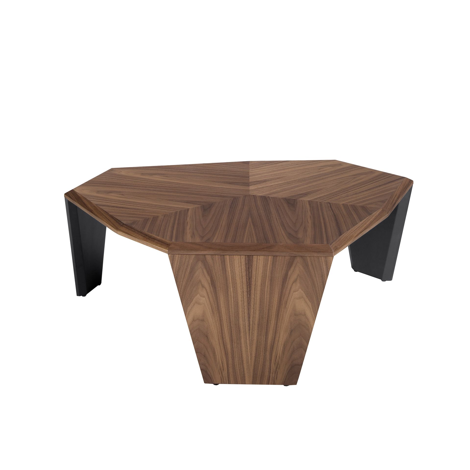 Asymmetrical walnut and black pvc coffee table