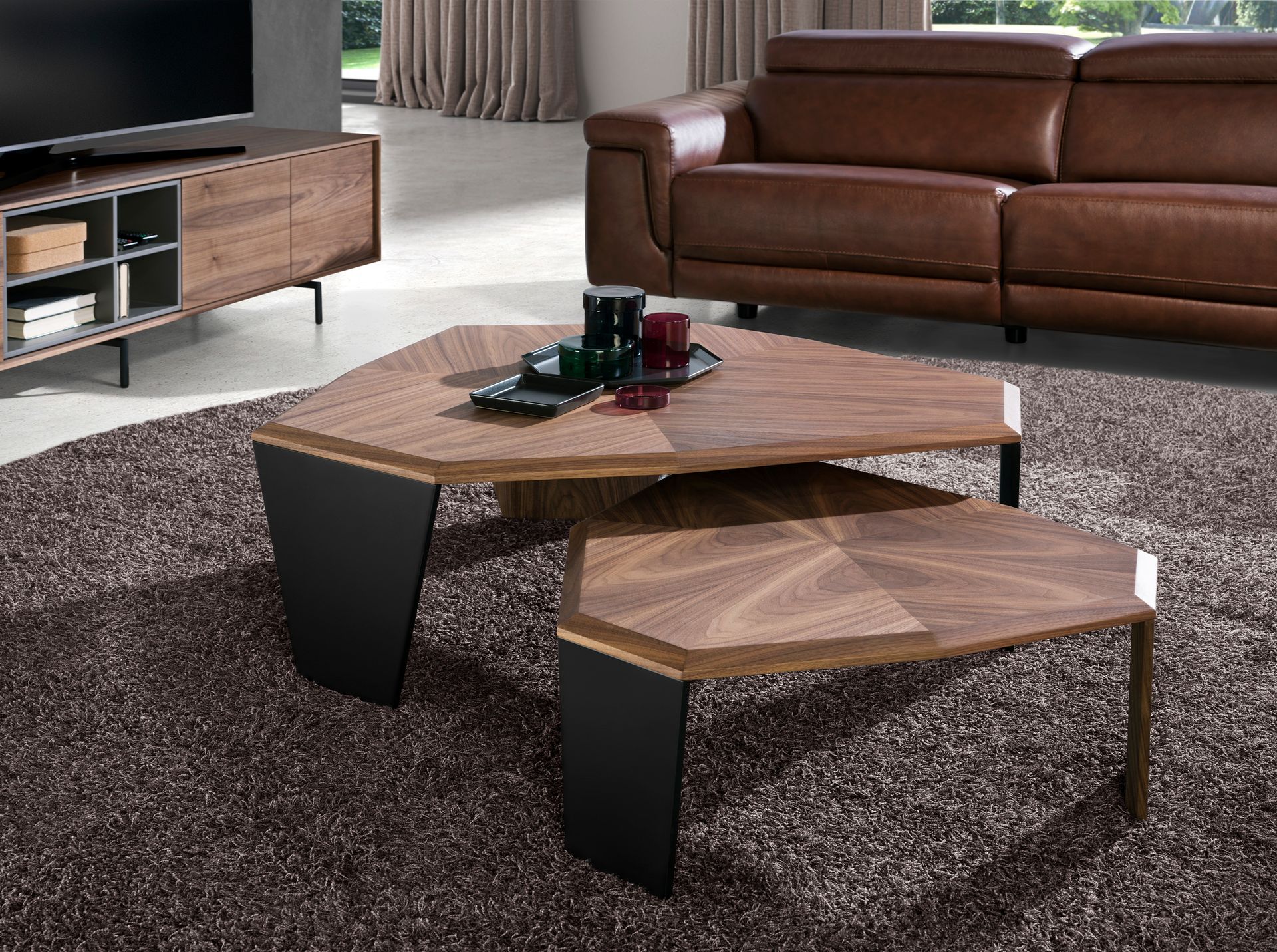 Asymmetrical walnut and black pvc coffee table