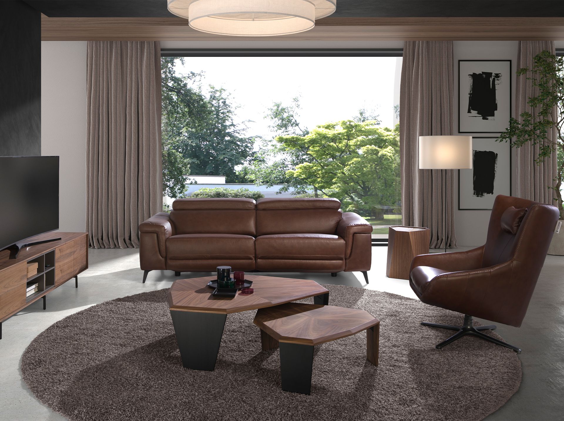Asymmetrical walnut and black pvc coffee table