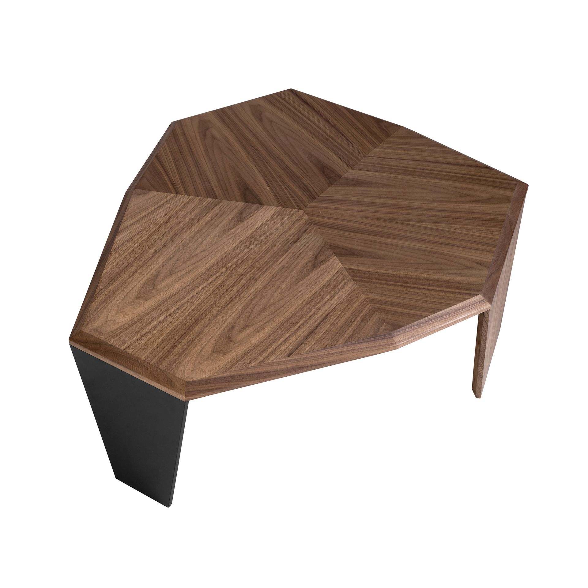 Asymmetrical walnut and black pvc coffee table