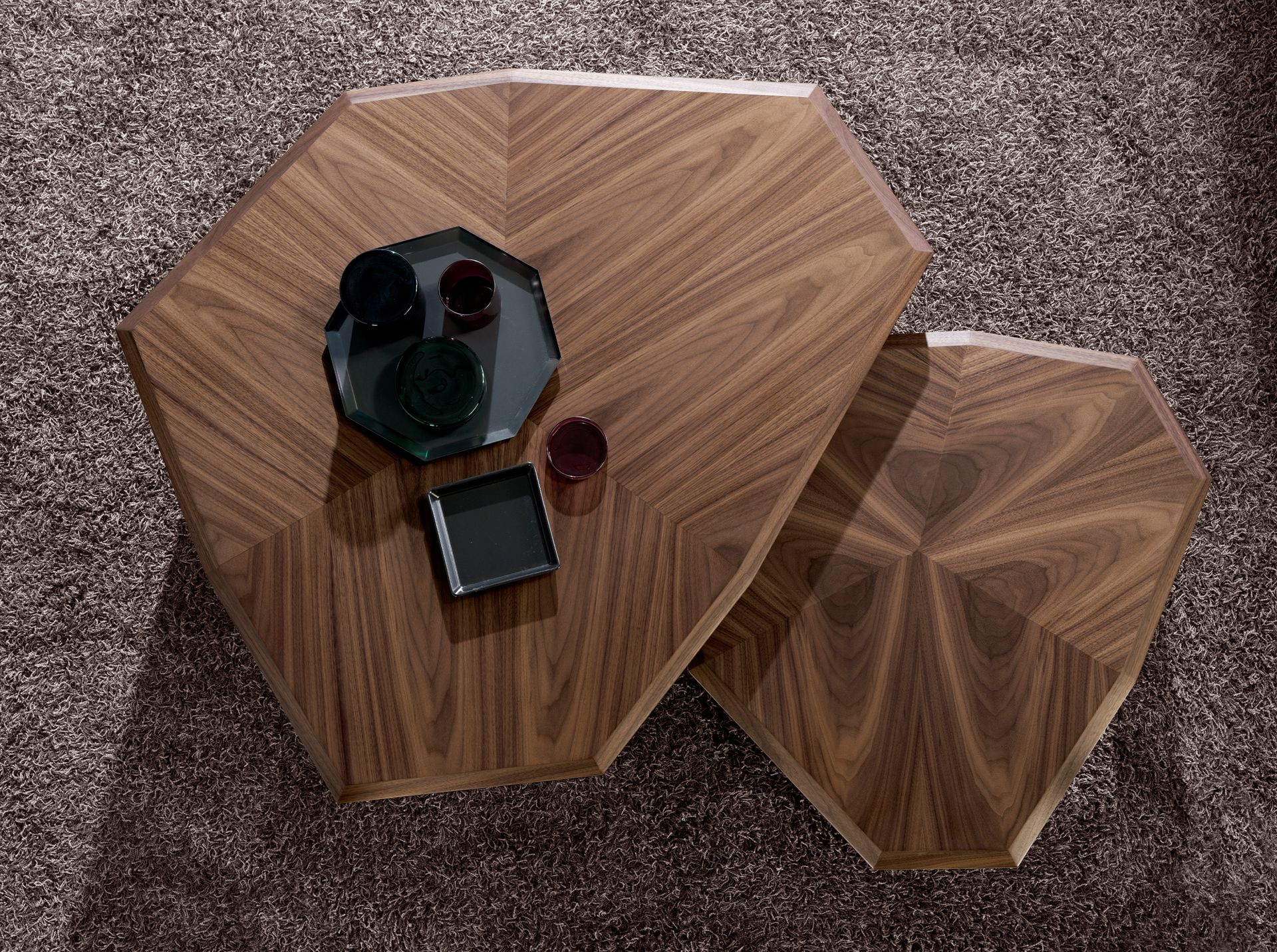 Asymmetrical walnut and black pvc coffee table