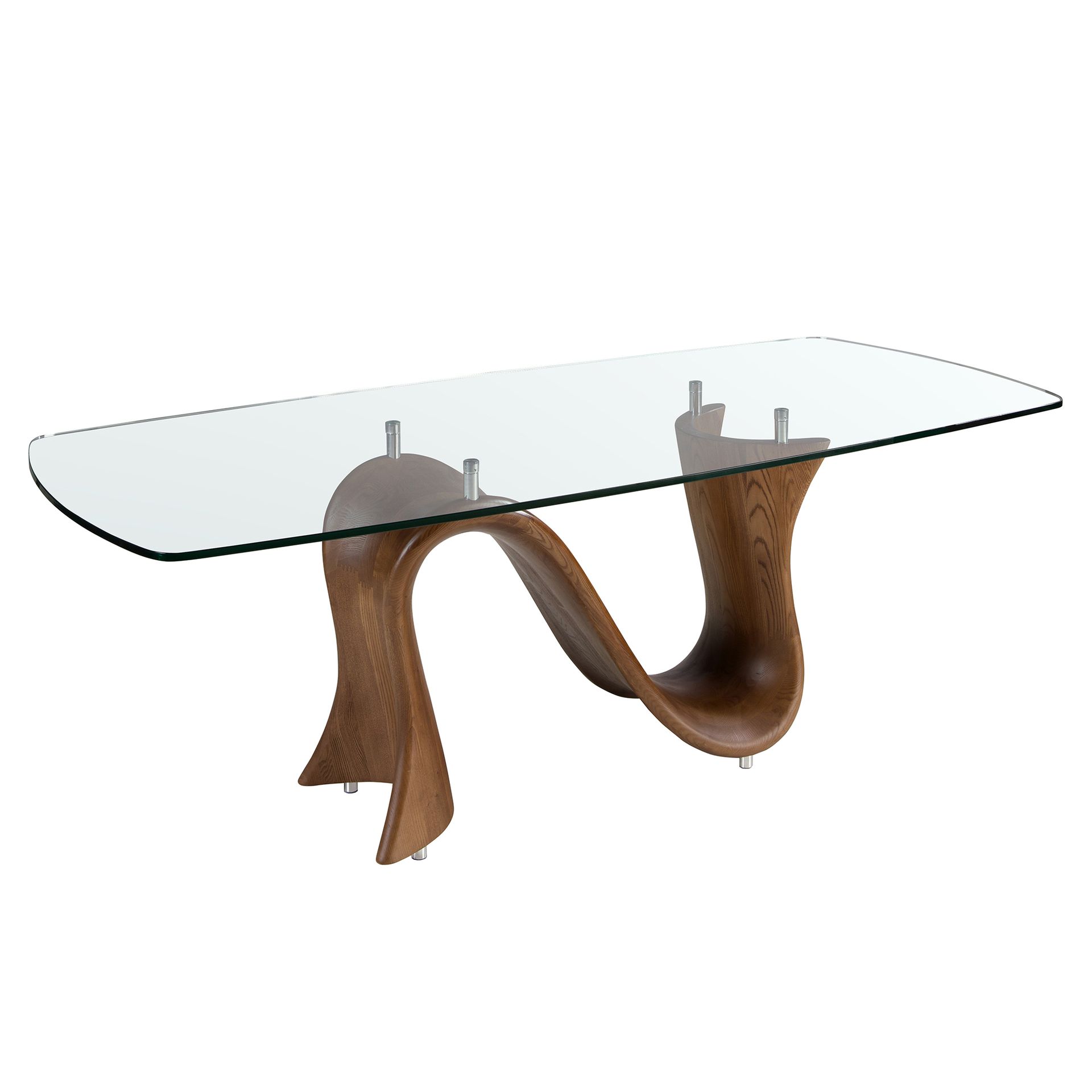 Barrel-shaped oval dining table in tempered glass and walnut