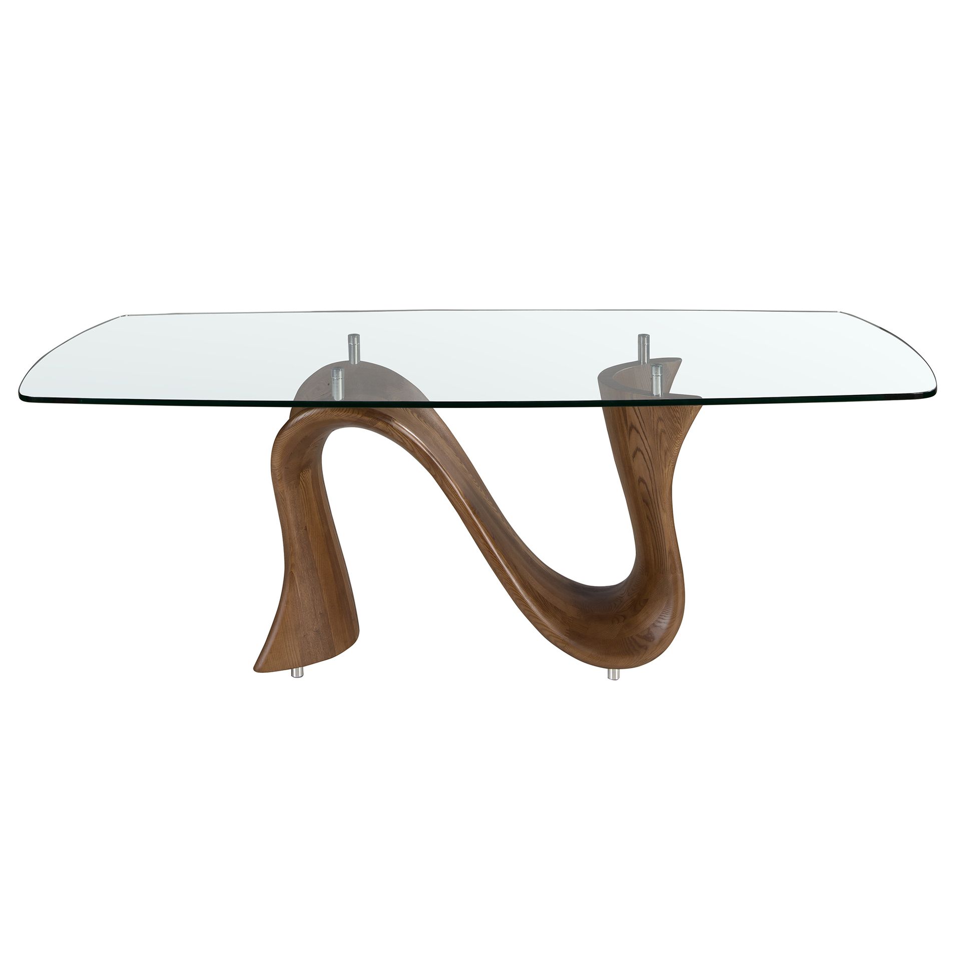 Barrel-shaped oval dining table in tempered glass and walnut