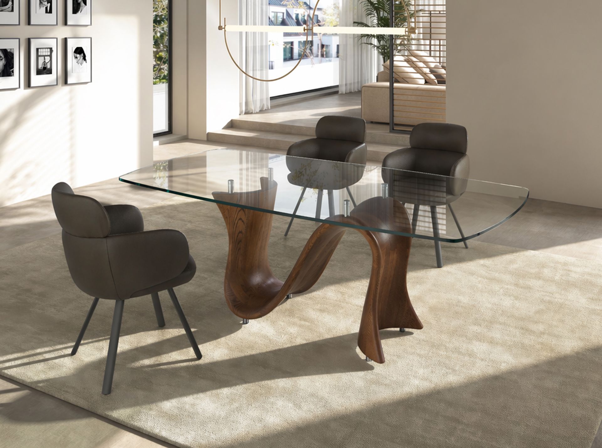 Barrel-shaped oval dining table in tempered glass and walnut