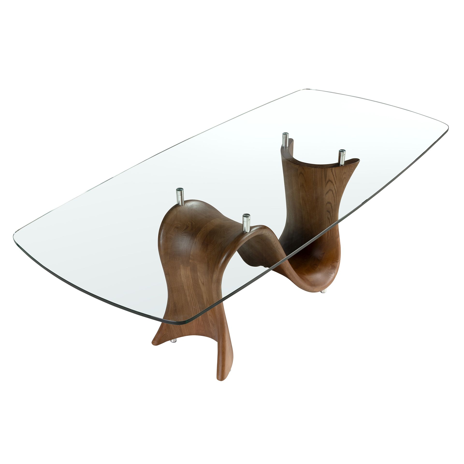 Barrel-shaped oval dining table in tempered glass and walnut