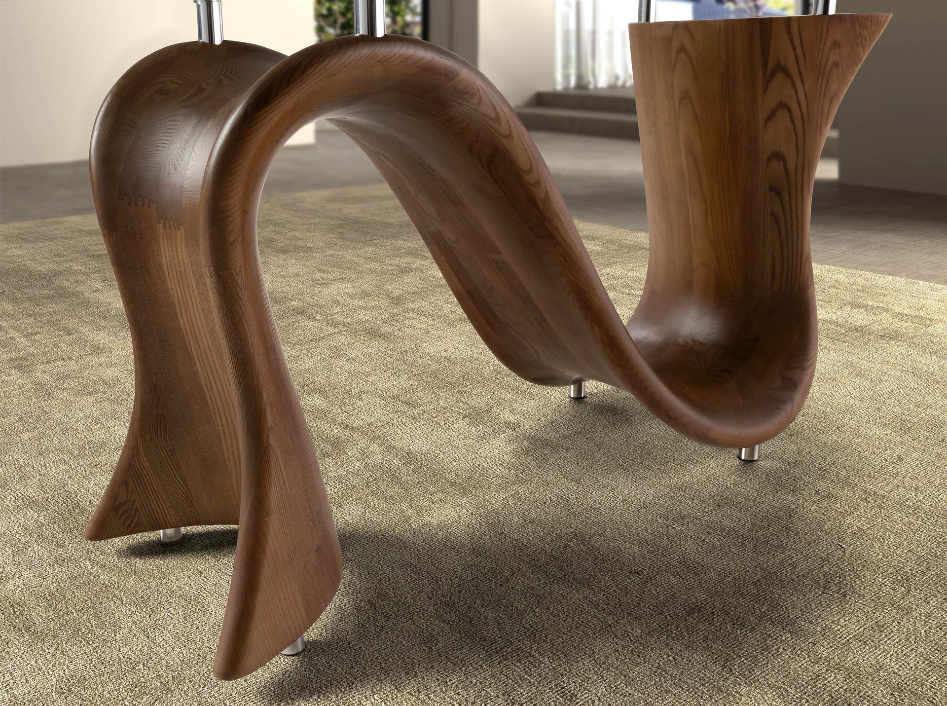 Barrel-shaped oval dining table in tempered glass and walnut