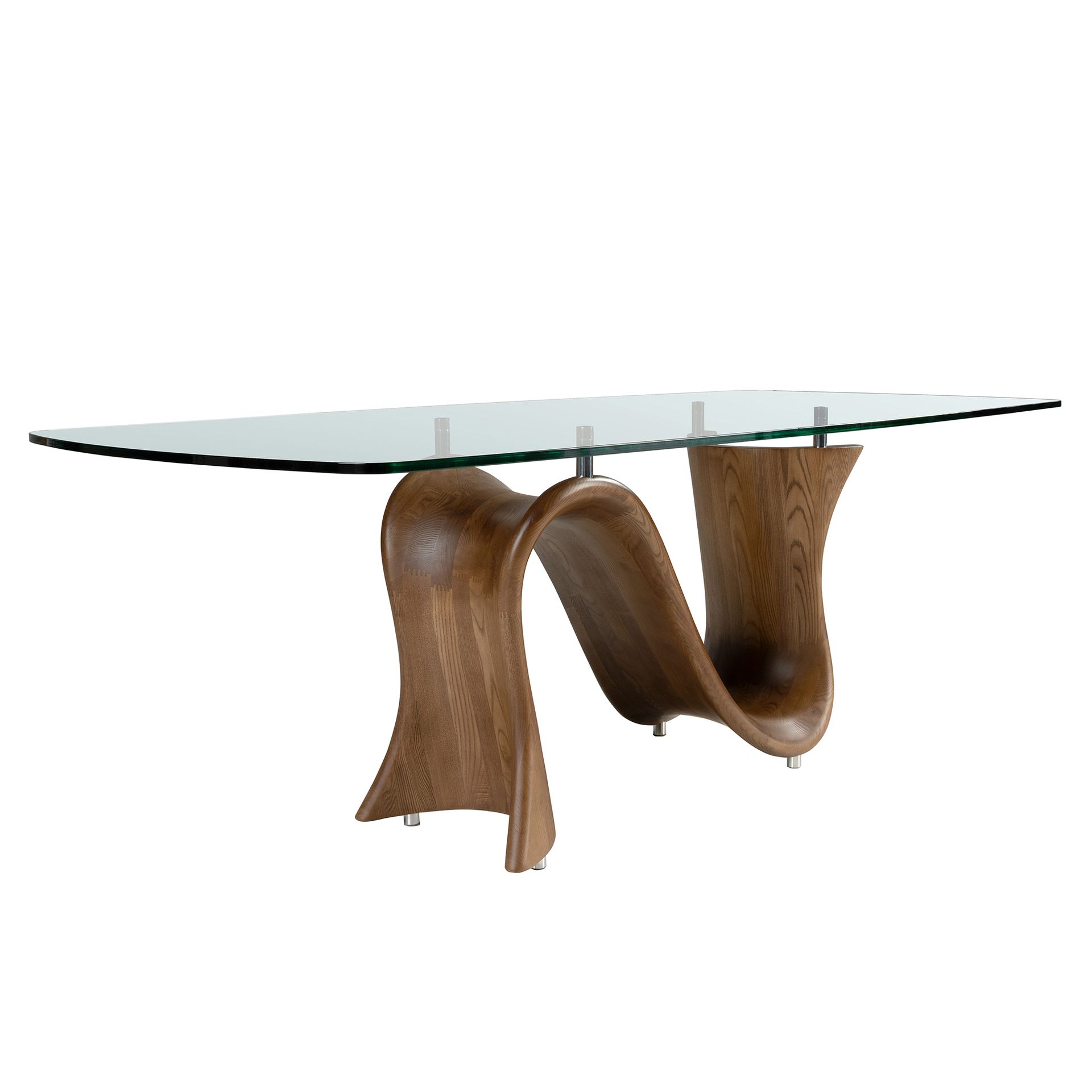 Barrel-shaped oval dining table in tempered glass and walnut