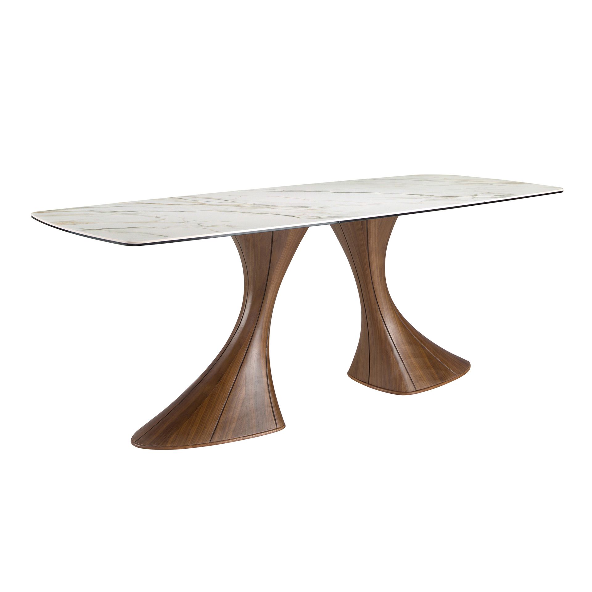 Barrel-shaped oval dining table with porcelain marble and walnut