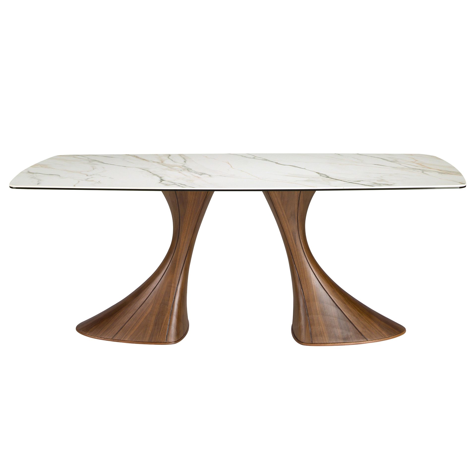 Barrel-shaped oval dining table with porcelain marble and walnut