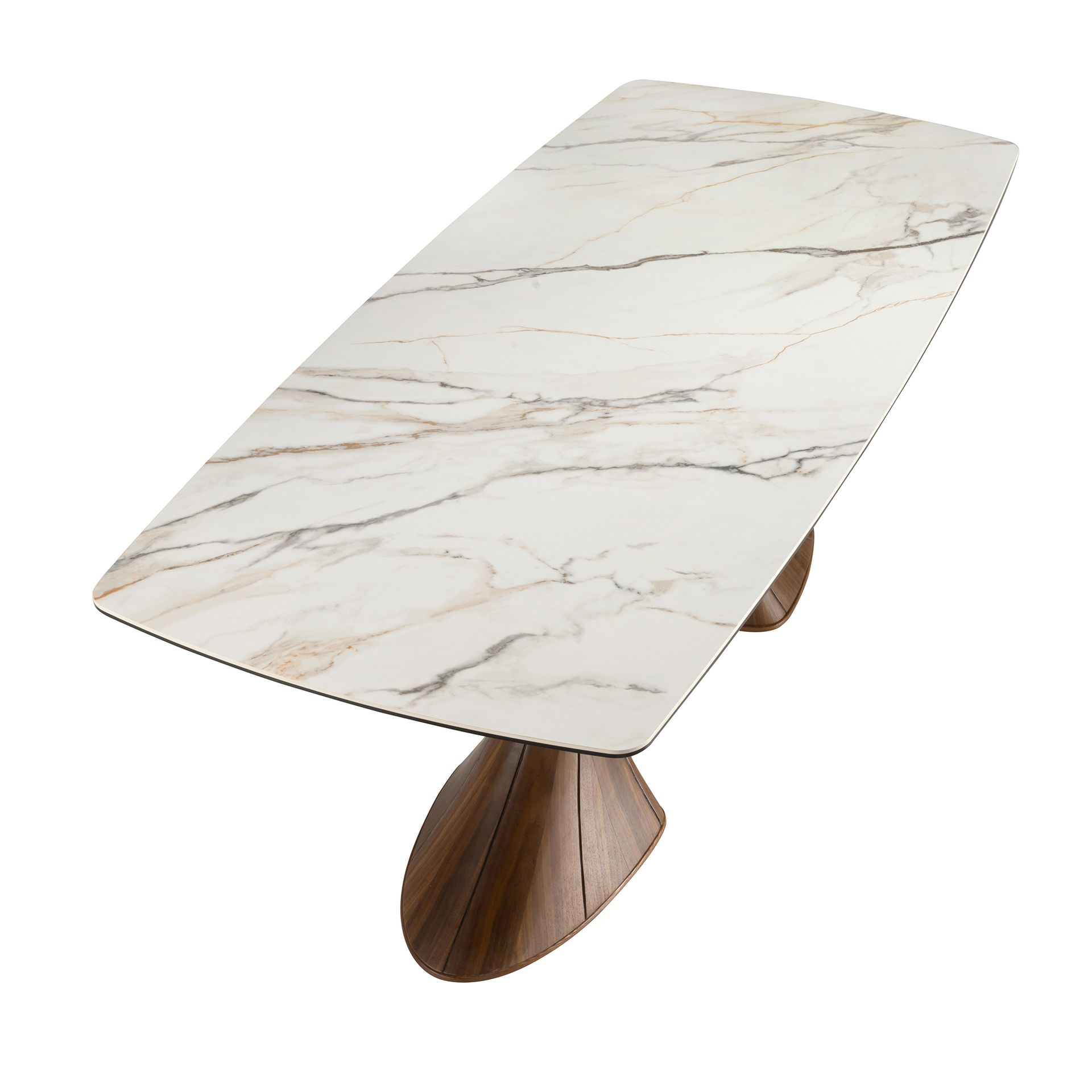 Barrel-shaped oval dining table with porcelain marble and walnut