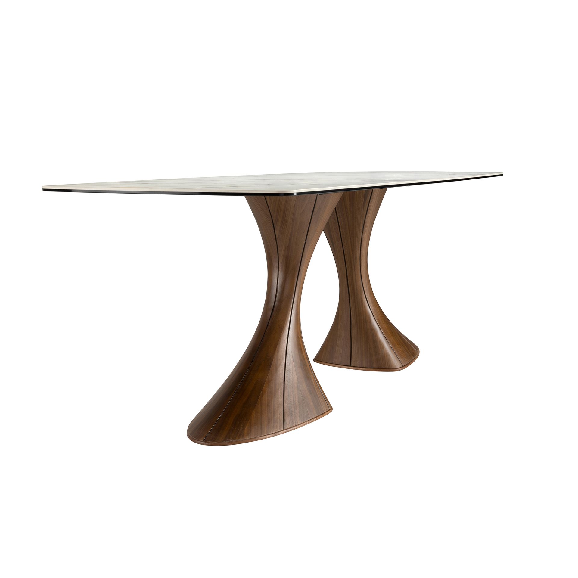 Barrel-shaped oval dining table with porcelain marble and walnut
