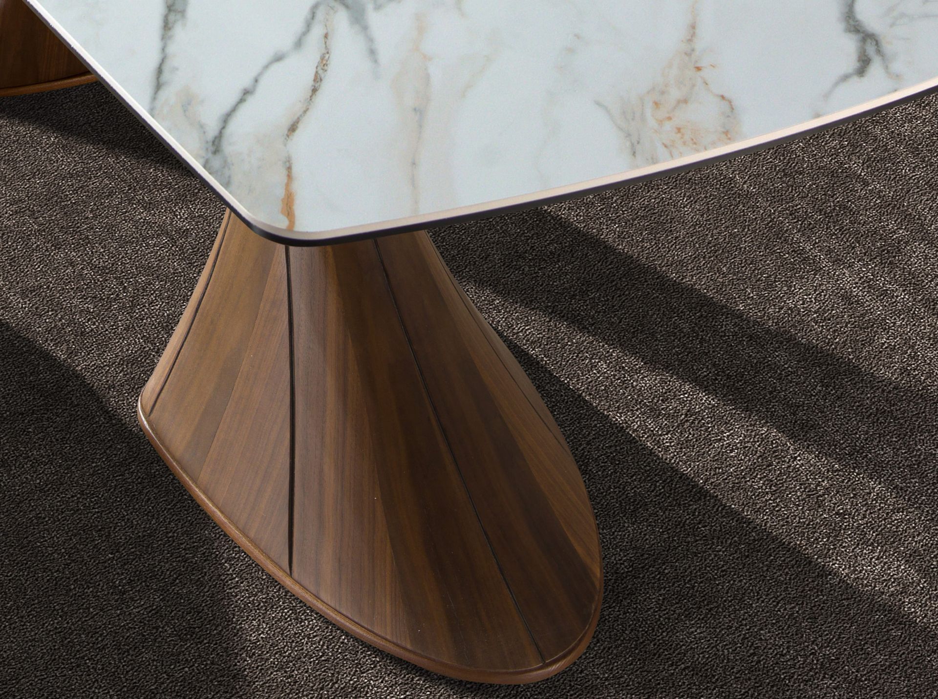 Barrel-shaped oval dining table with porcelain marble and walnut