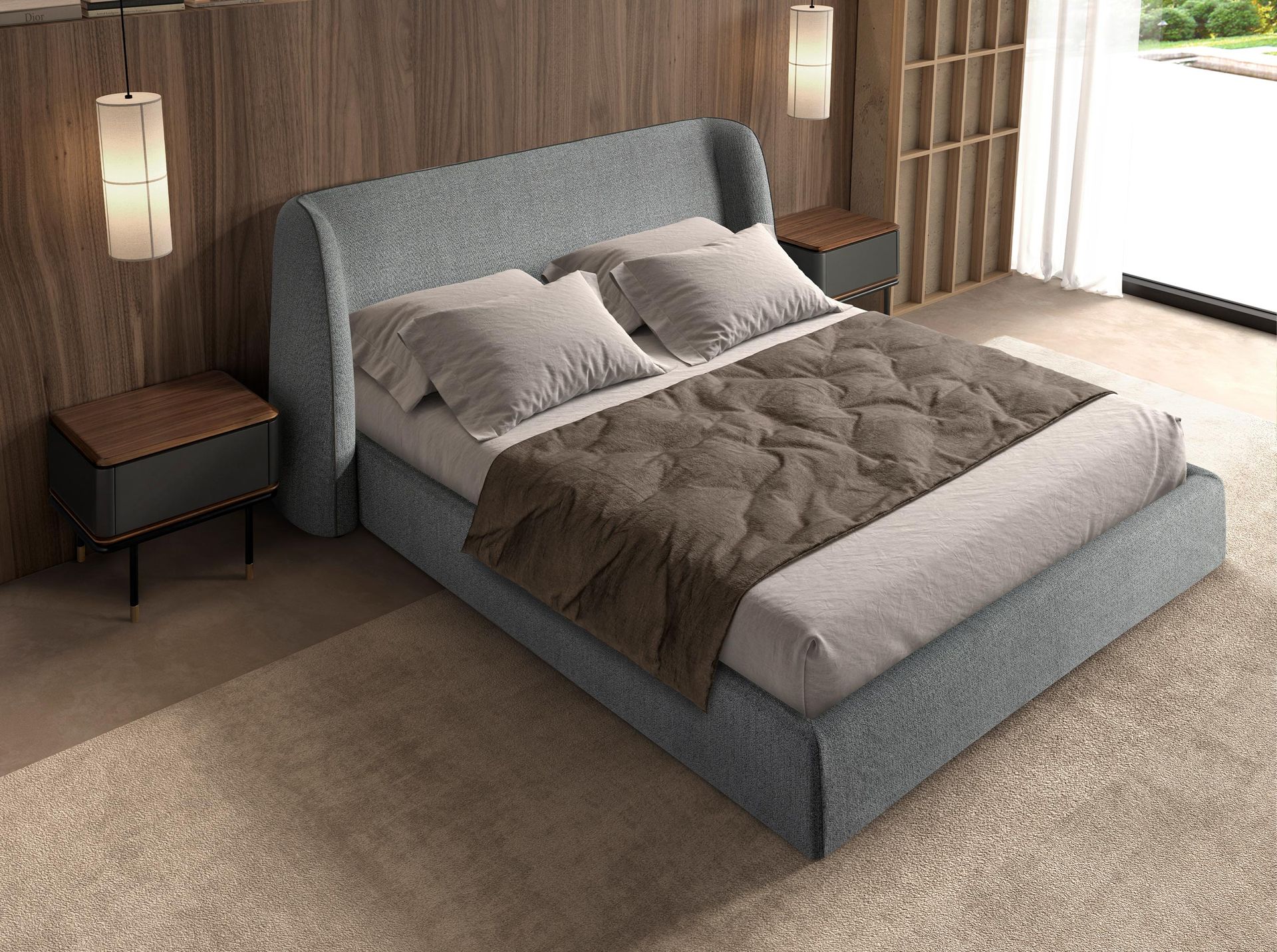 Bed in dark grey fabric