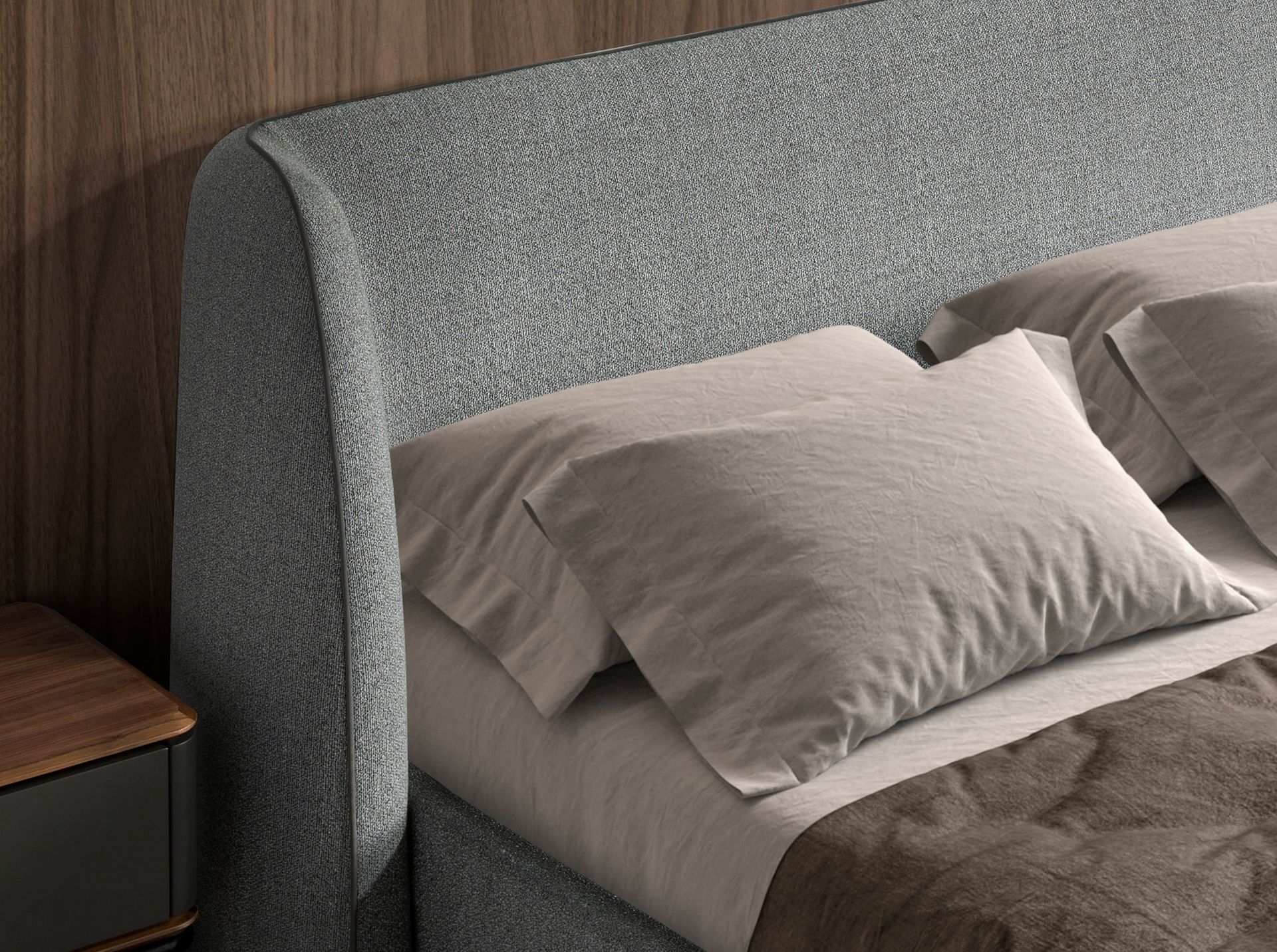 Bed in dark grey fabric