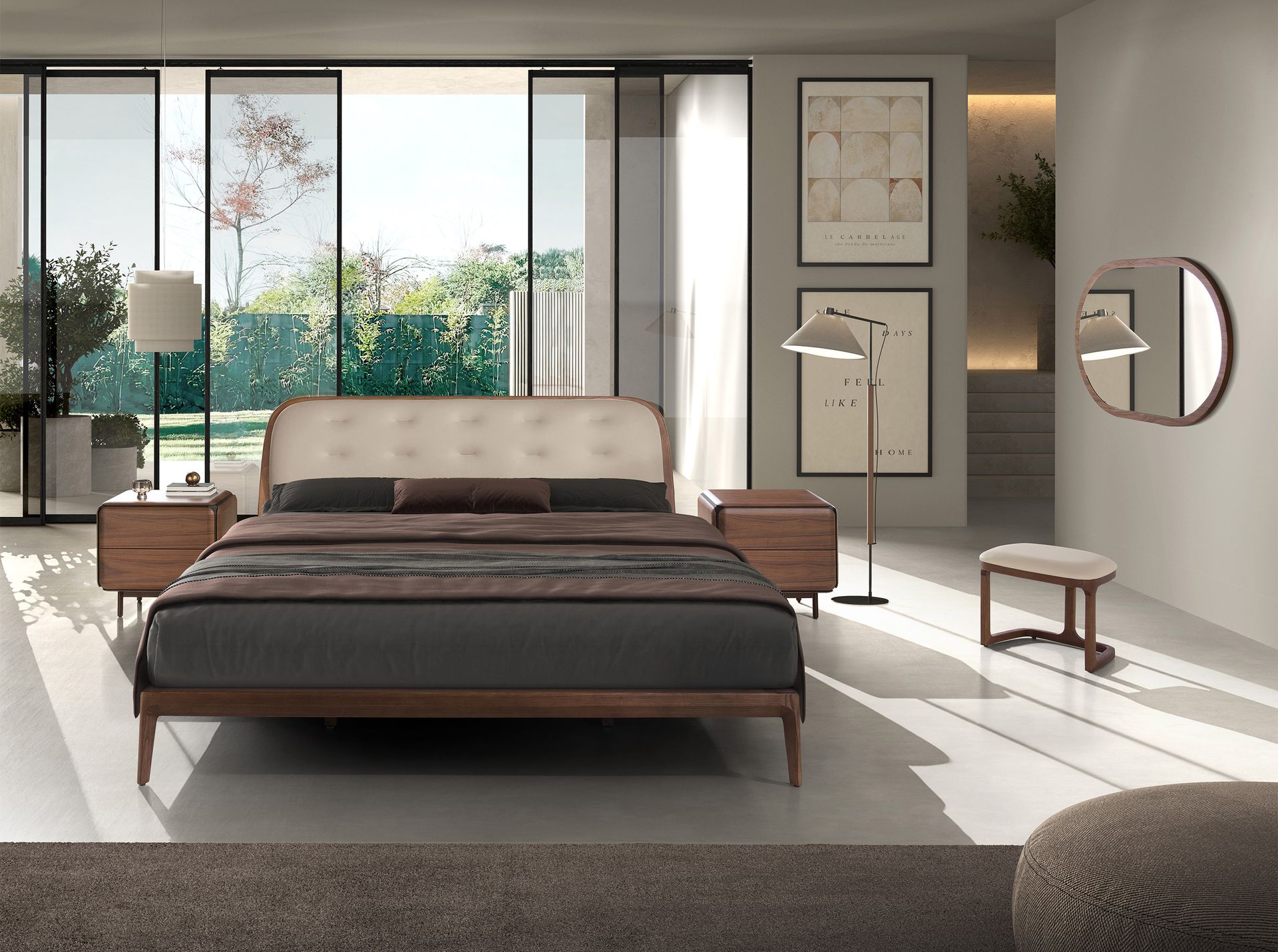 Bed in sand-coloured leatherette