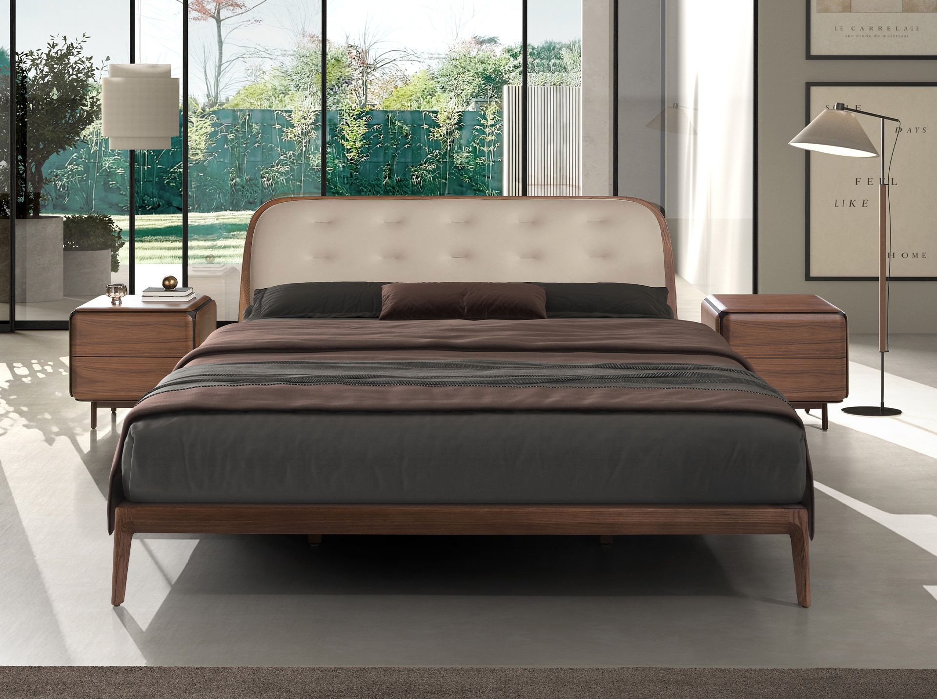 Bed in sand-coloured leatherette