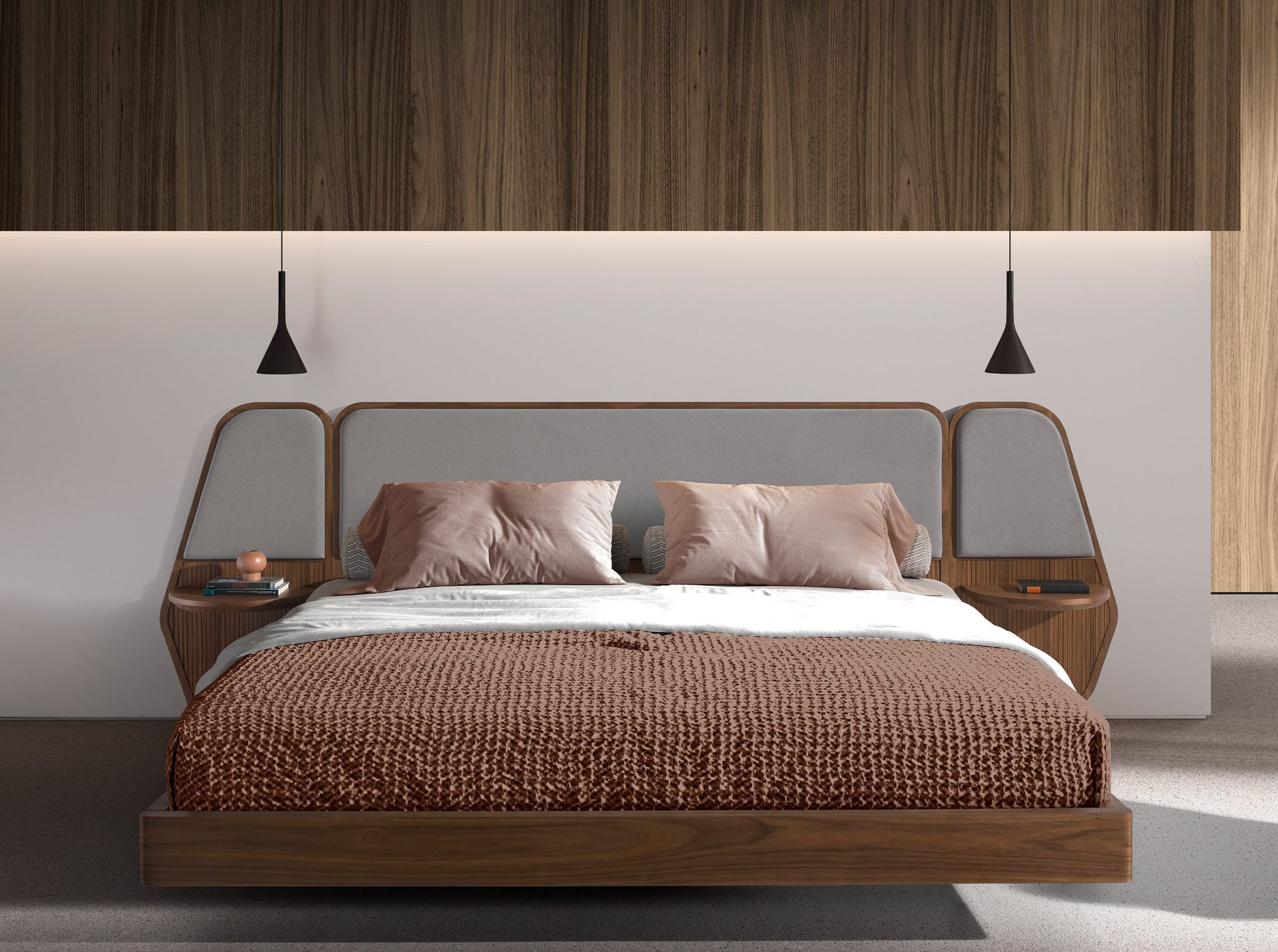 Bed walnut and grey fabric