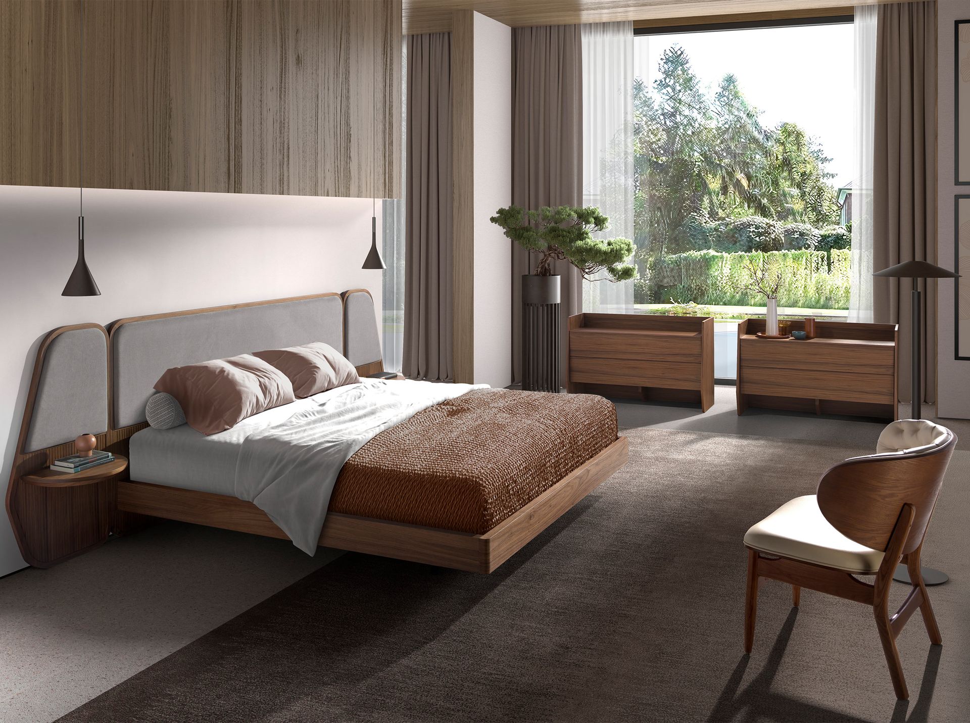 Bed walnut and grey fabric