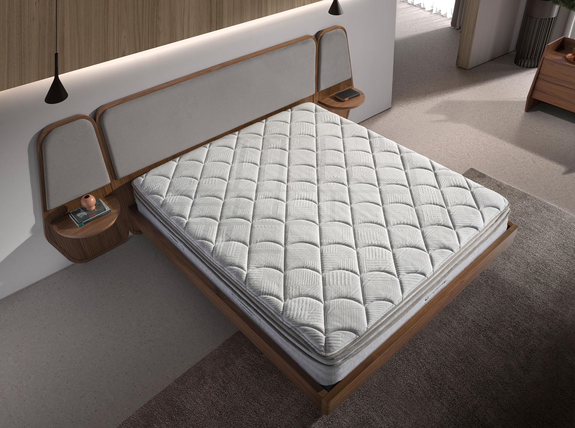 Bed walnut and grey fabric
