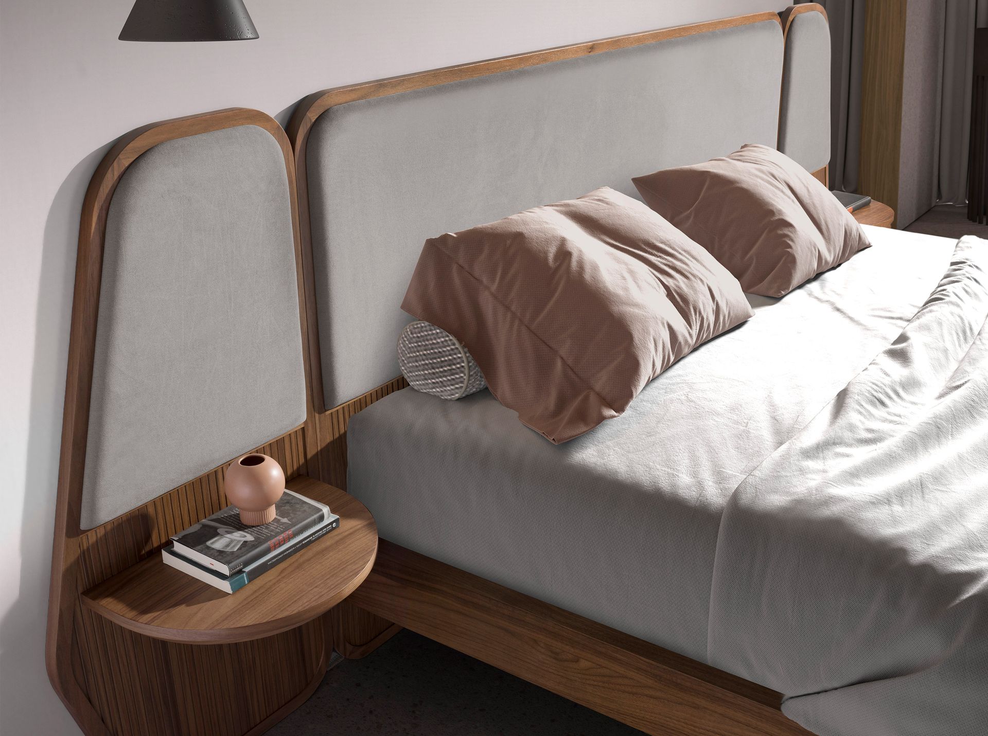 Bed walnut and grey fabric