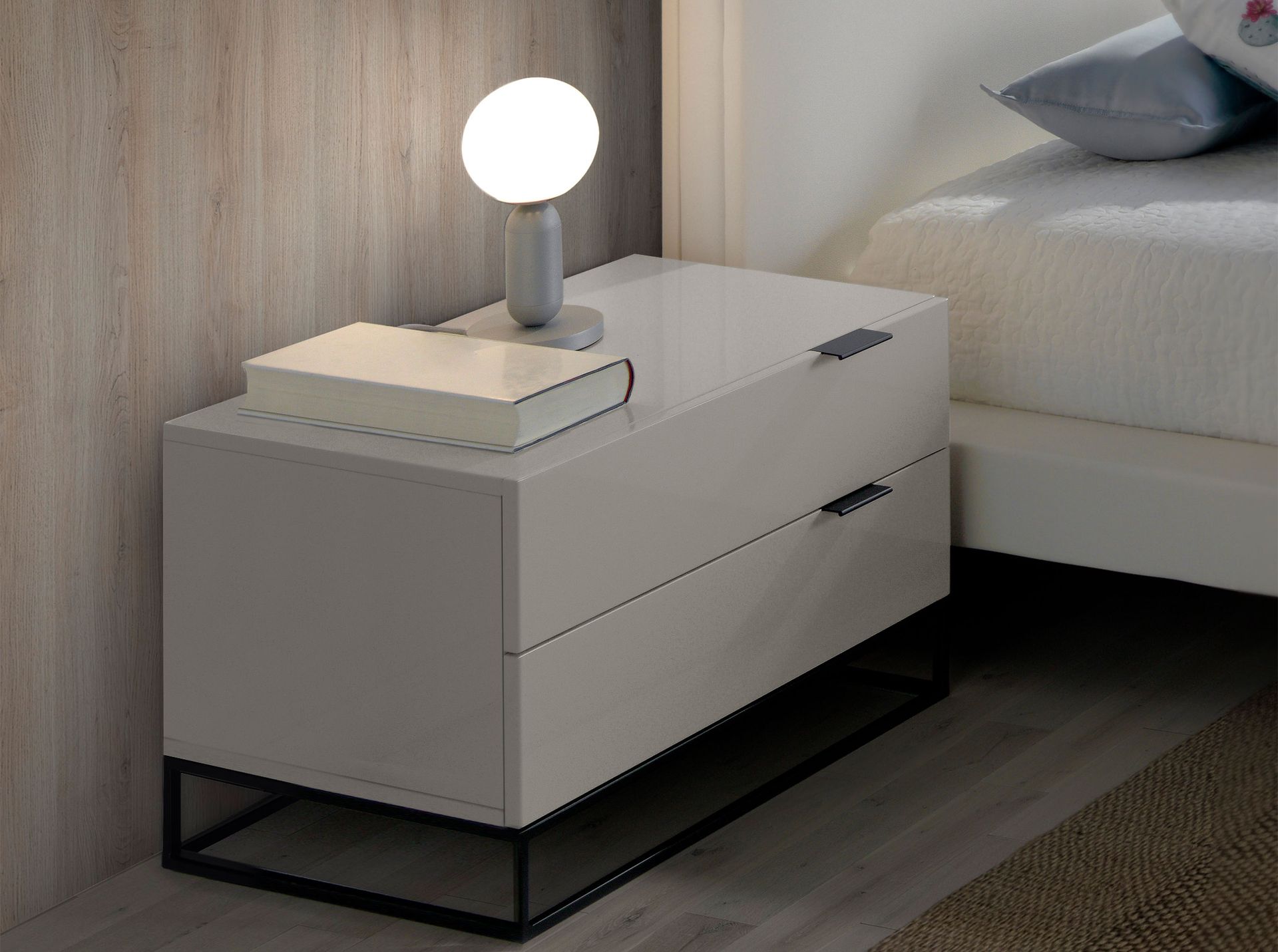 Bedside table in grey wood and black steel