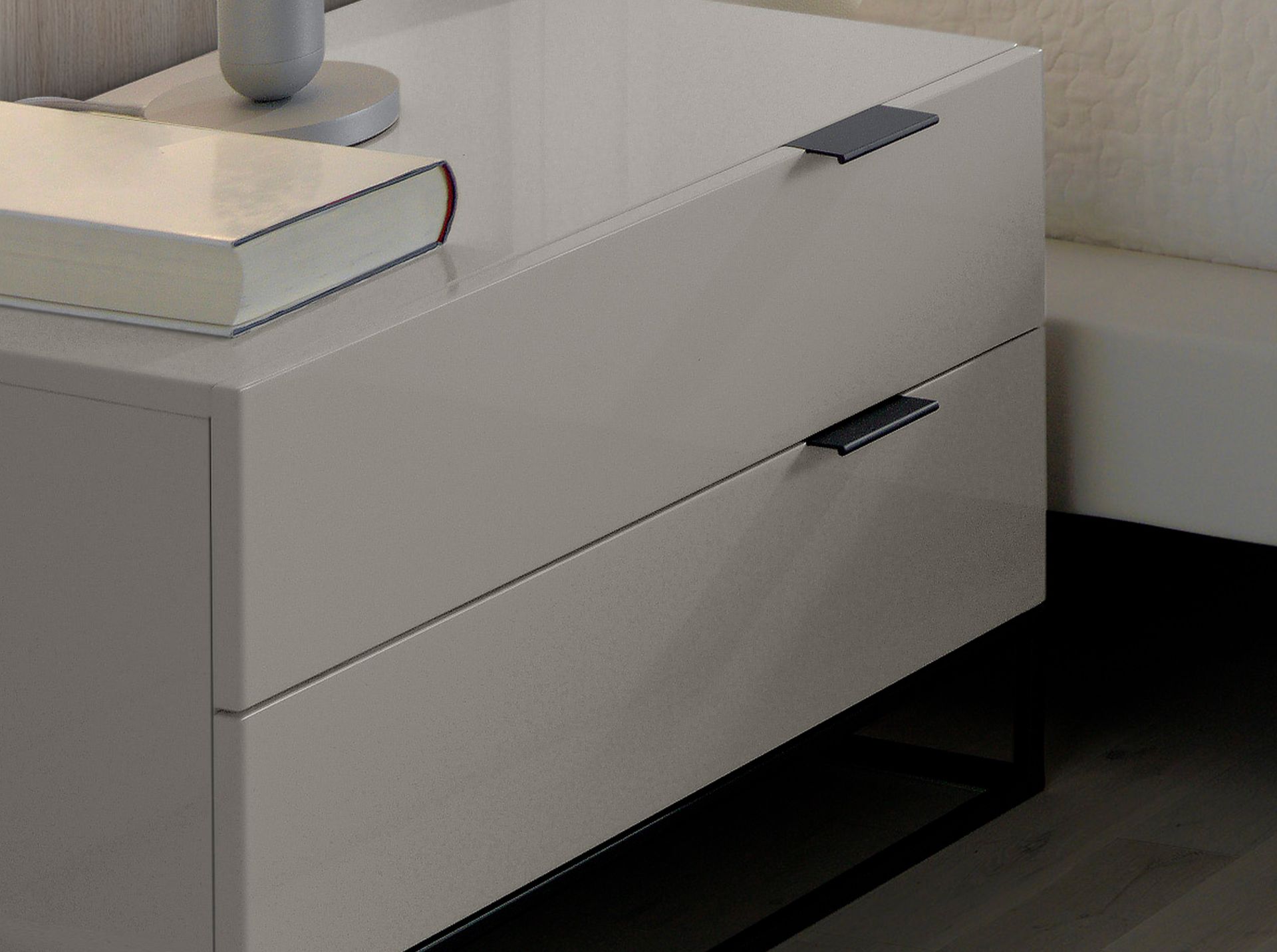 Bedside table in grey wood and black steel