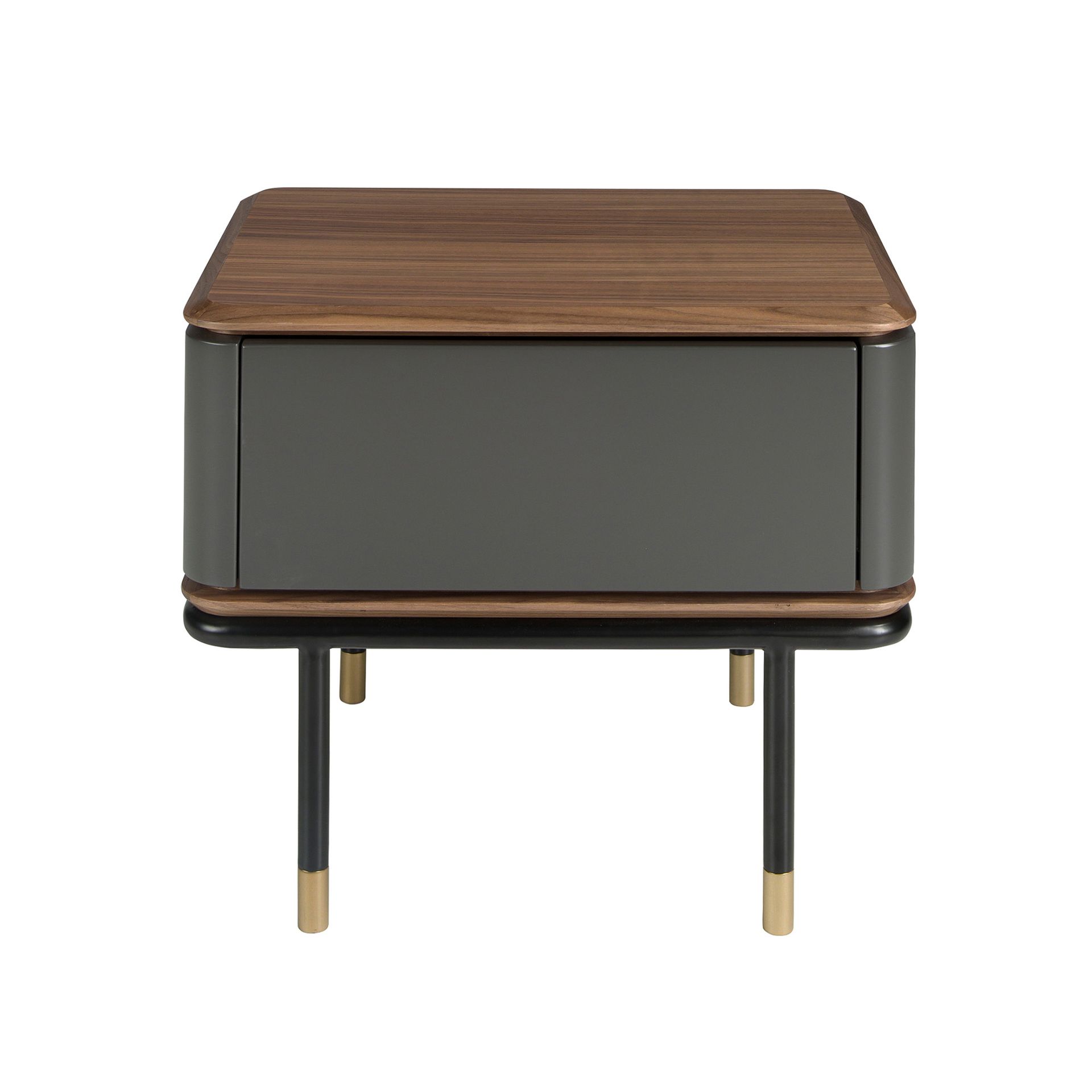 Bedside table in matt dark grey wood, black steel and walnut top