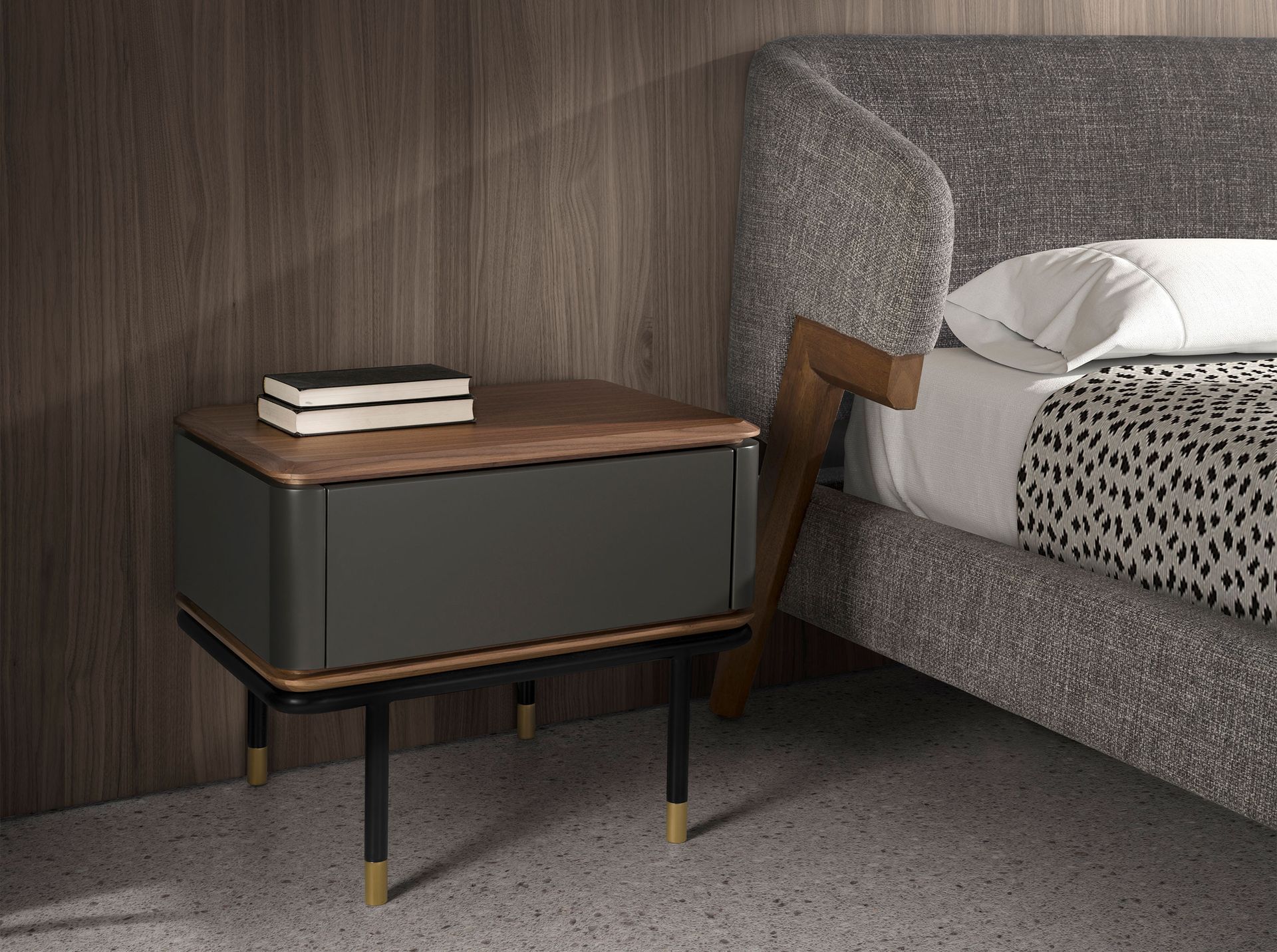 Bedside table in matt dark grey wood, black steel and walnut top