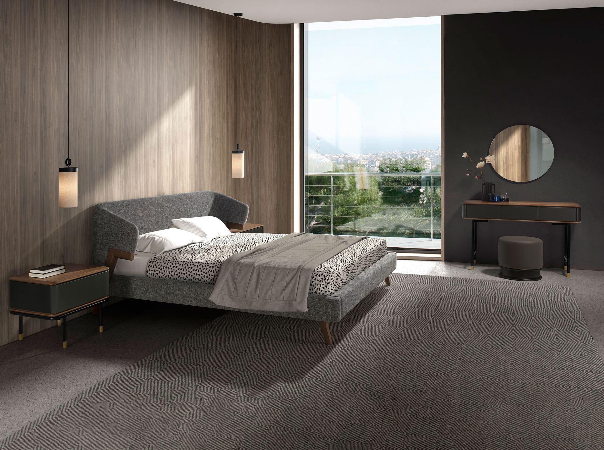 Bedside table in matt dark grey wood, black steel and walnut top
