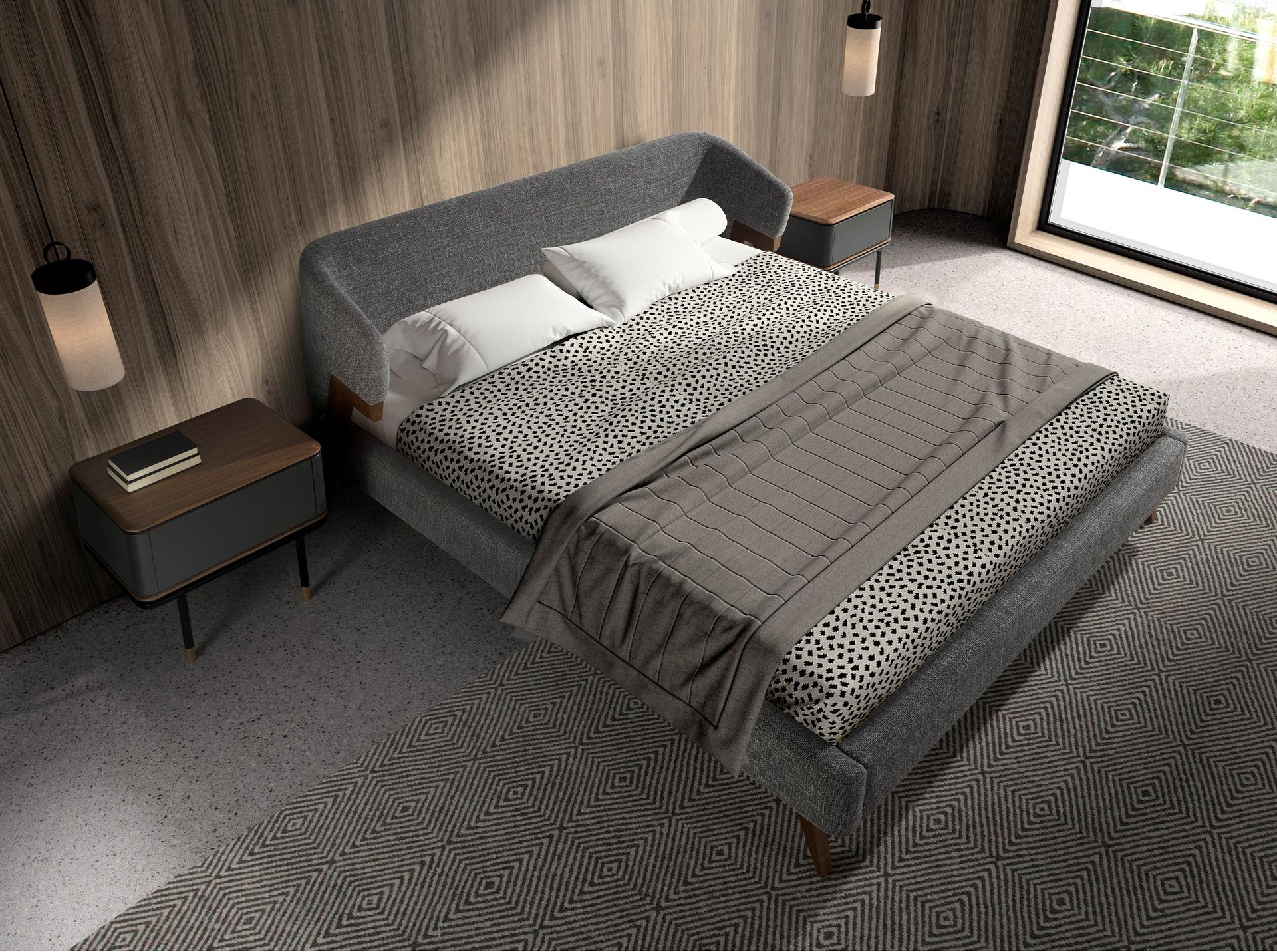 Bedside table in matt dark grey wood, black steel and walnut top