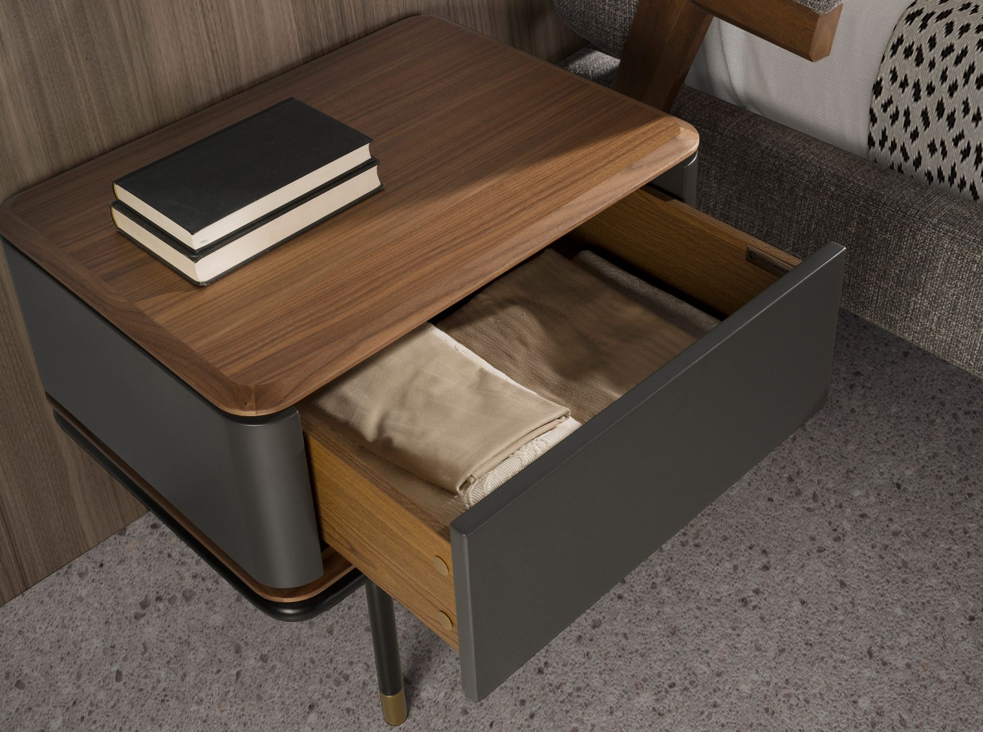 Bedside table in matt dark grey wood, black steel and walnut top