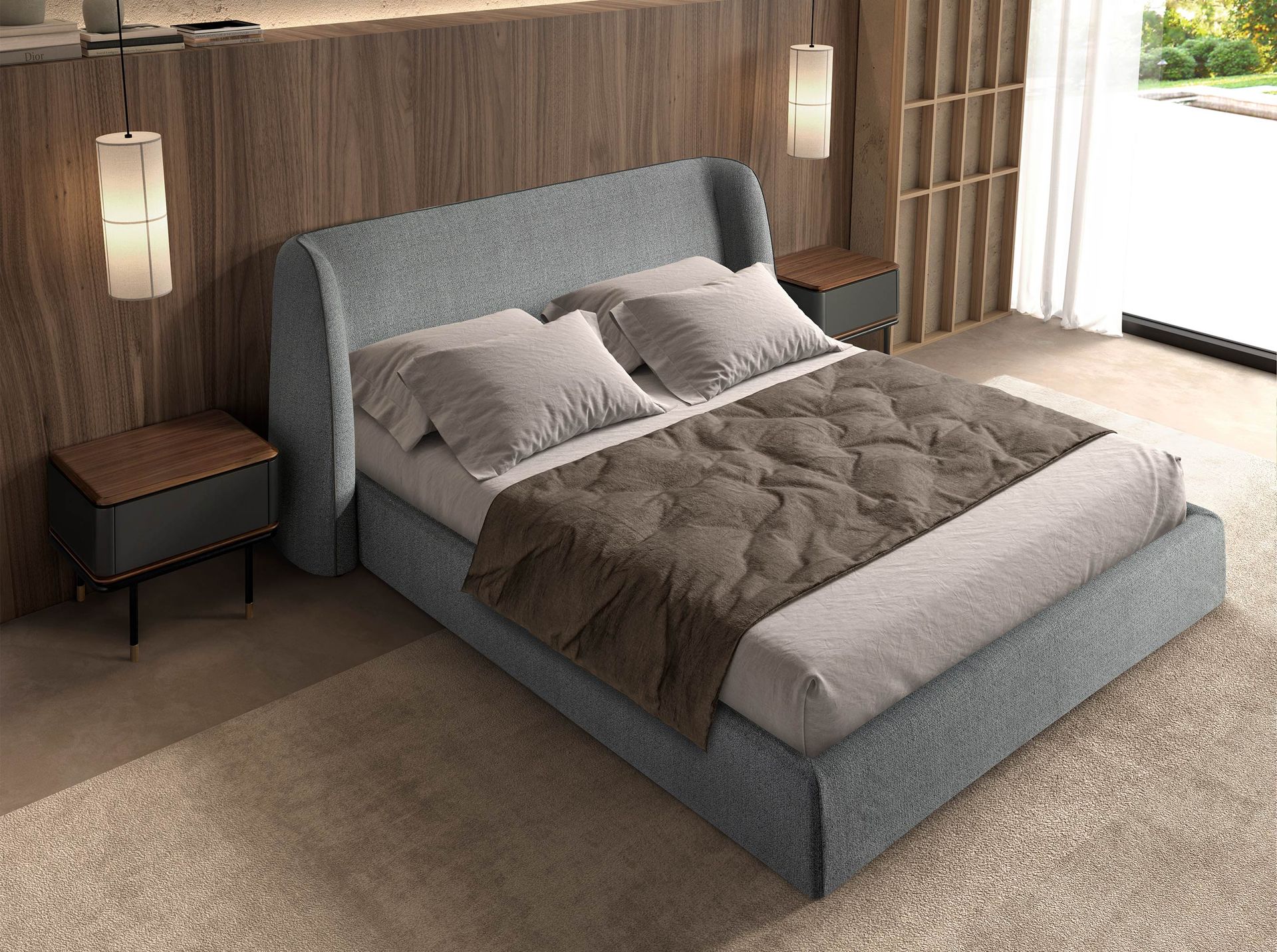 Bedside table in matt dark grey wood, black steel and walnut top