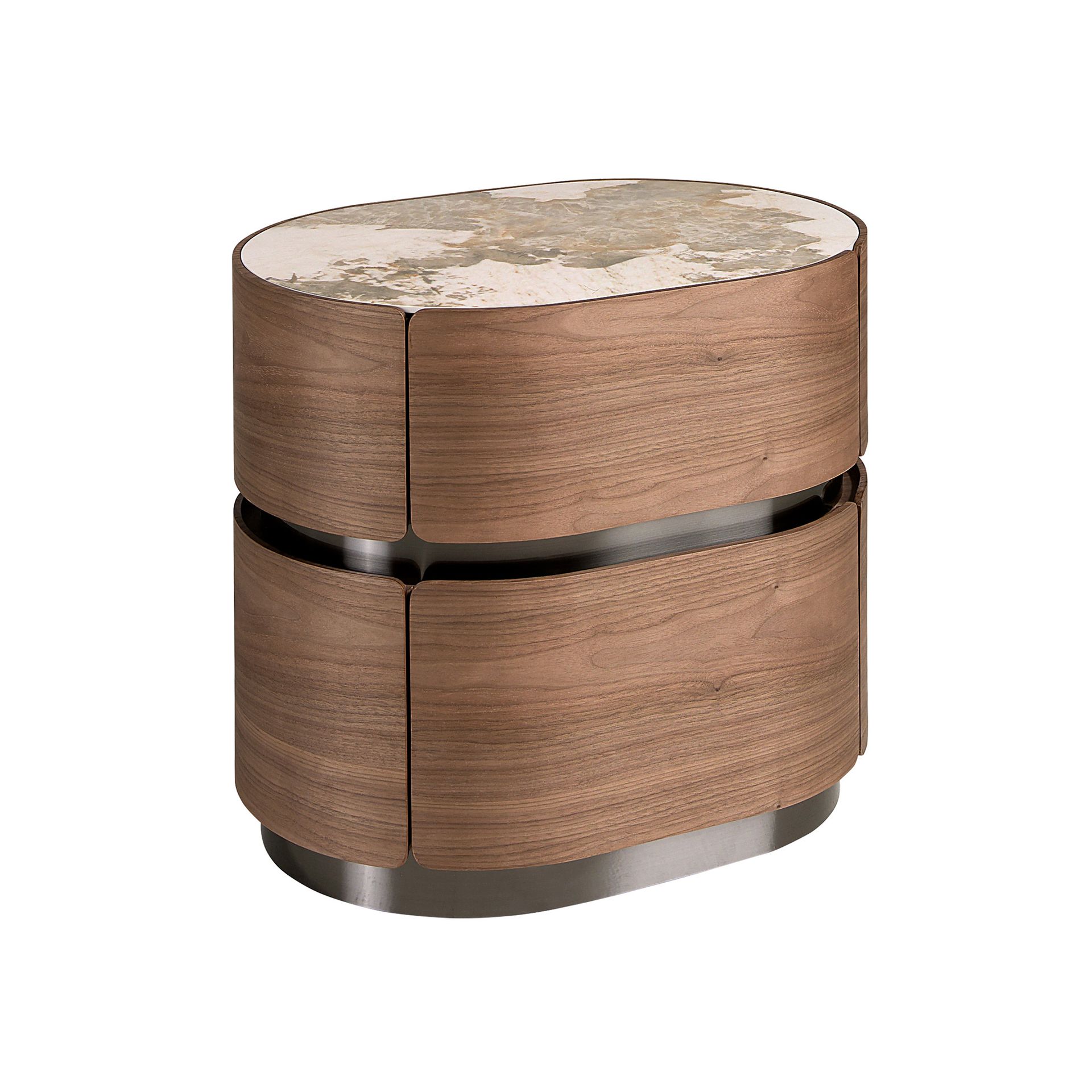 Bedside table in walnut, darkened steel base and porcelain marble top