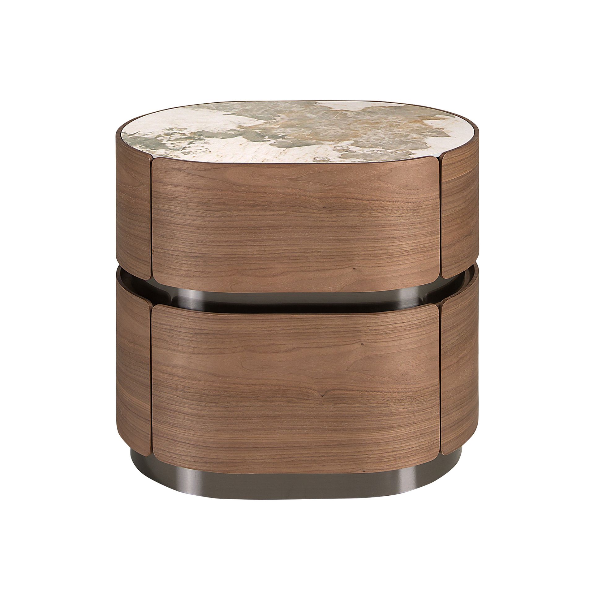 Bedside table in walnut, darkened steel base and porcelain marble top