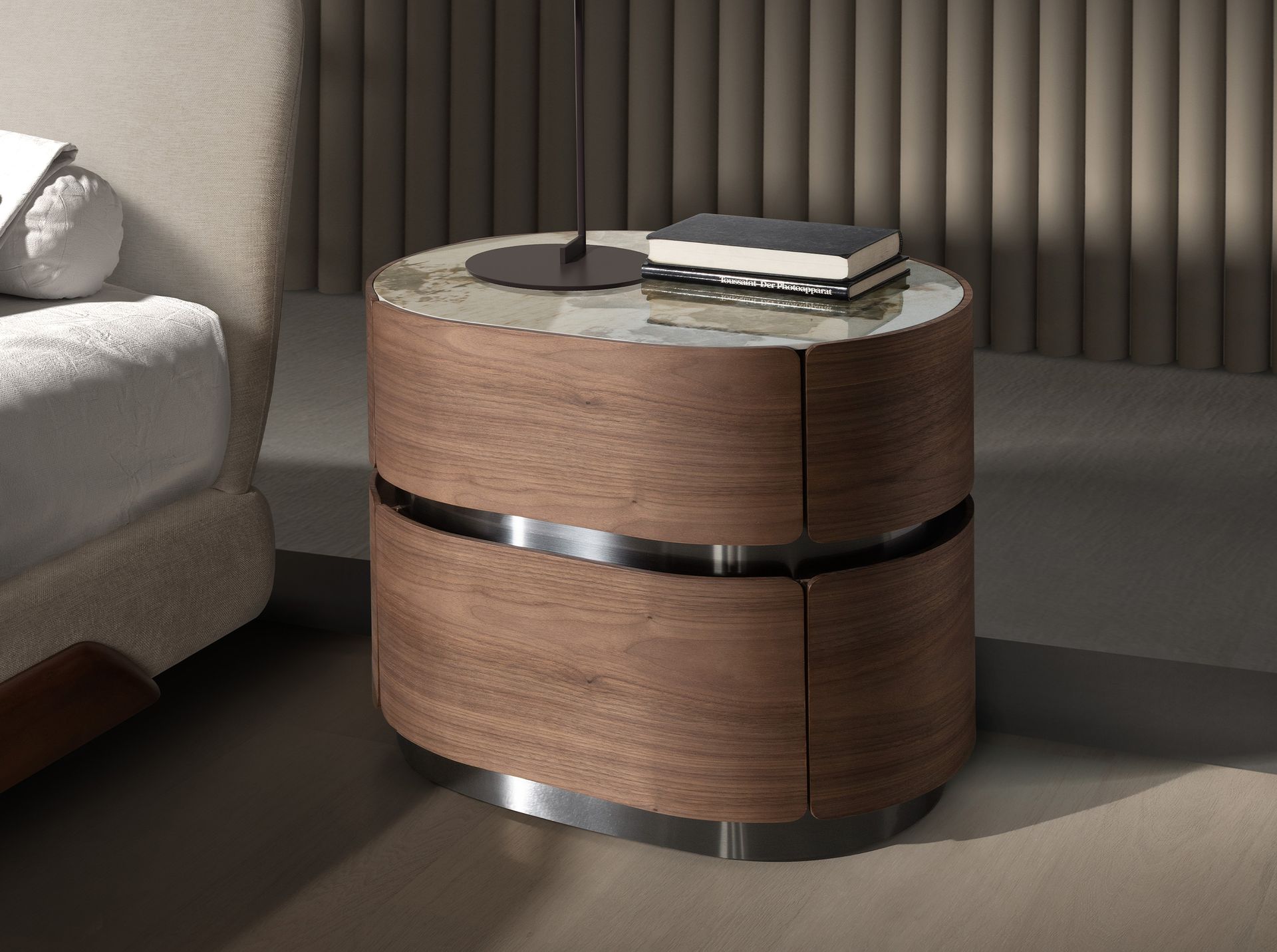 Bedside table in walnut, darkened steel base and porcelain marble top