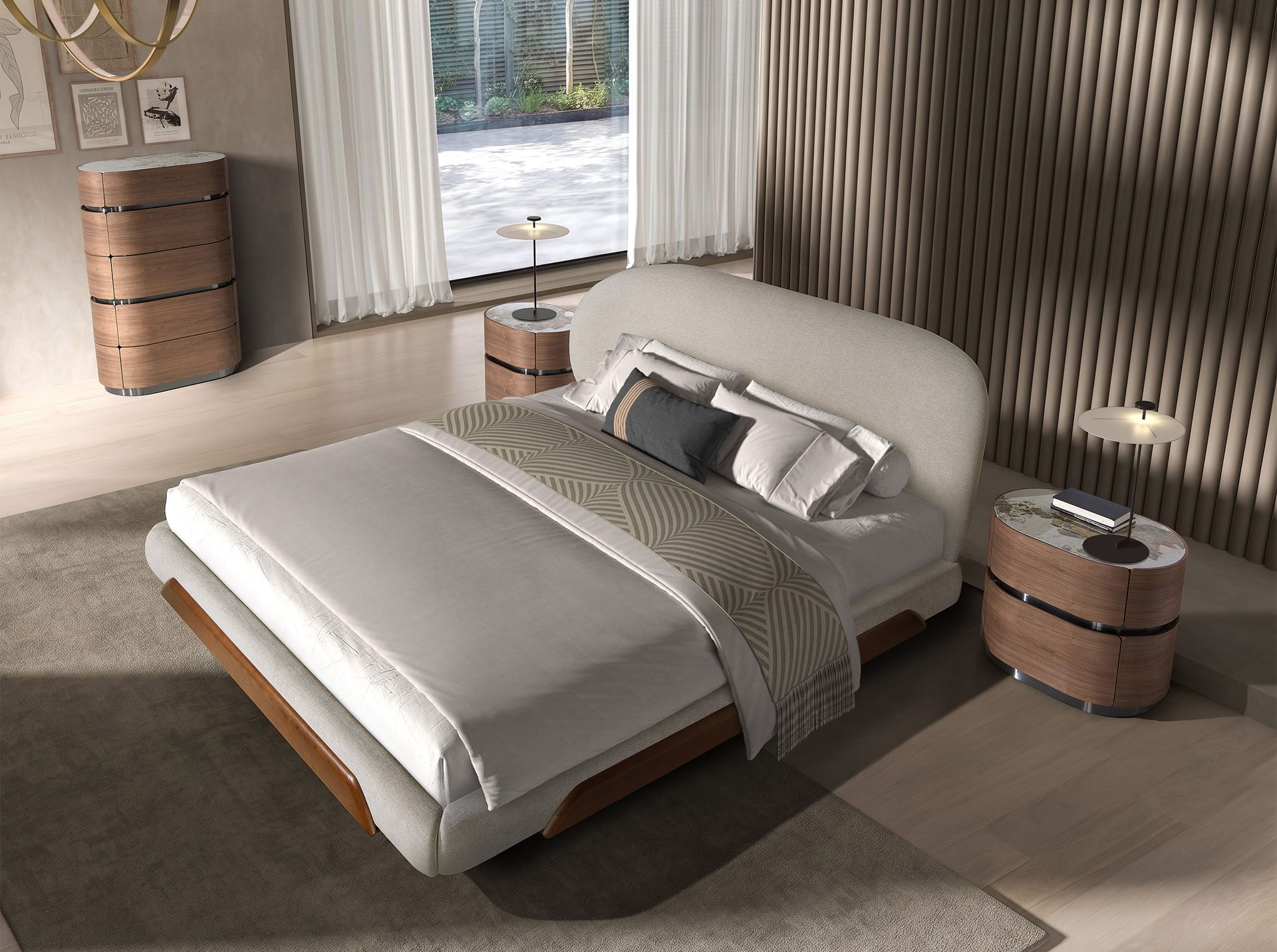 Bedside table in walnut, darkened steel base and porcelain marble top