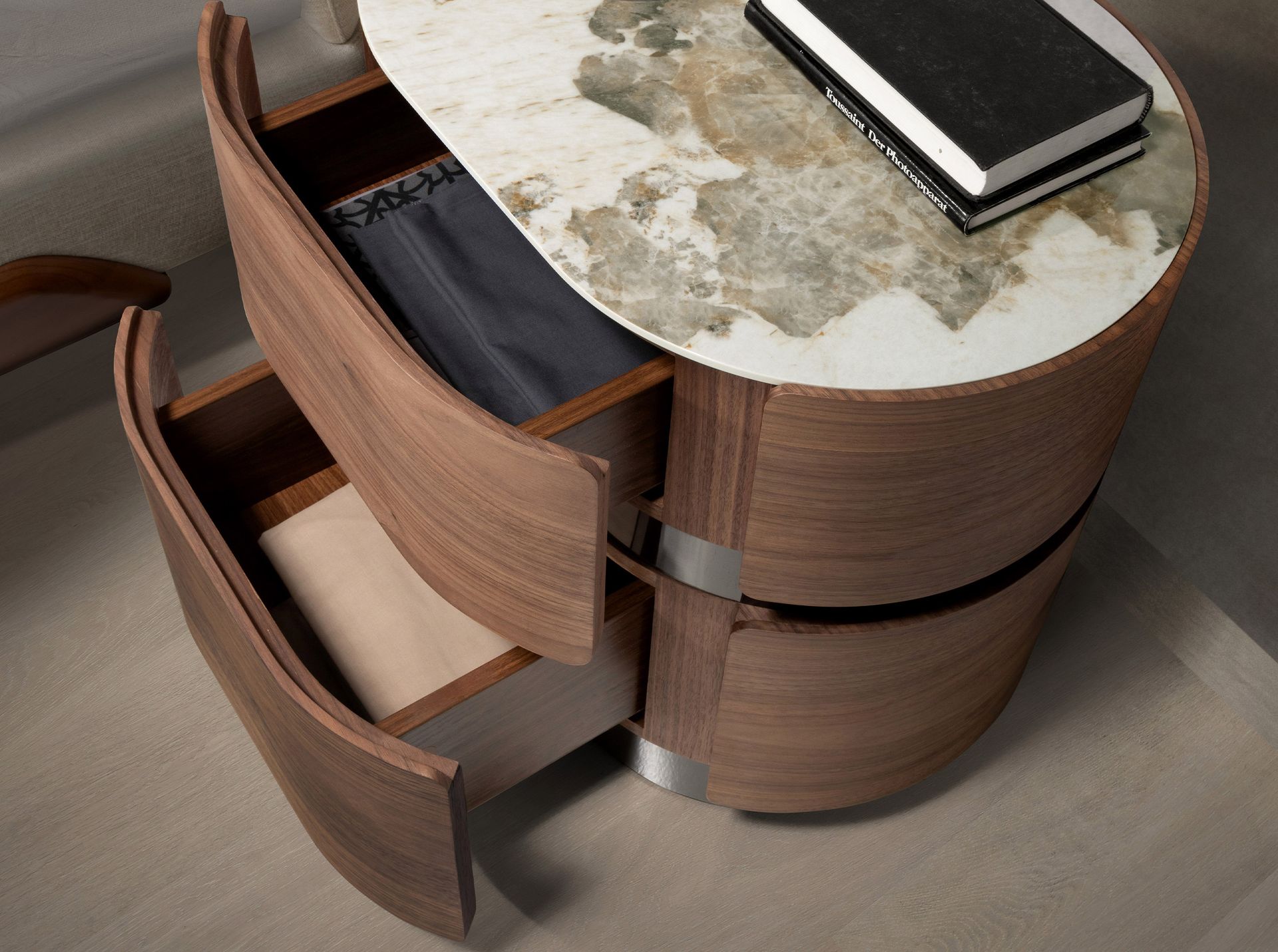 Bedside table in walnut, darkened steel base and porcelain marble top