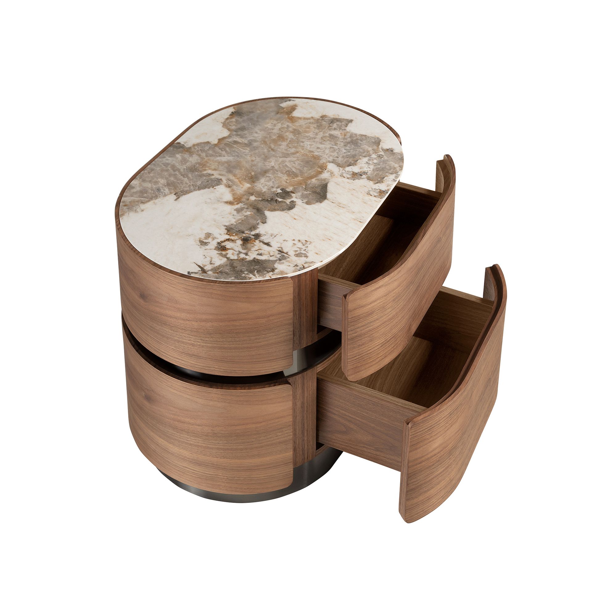Bedside table in walnut, darkened steel base and porcelain marble top