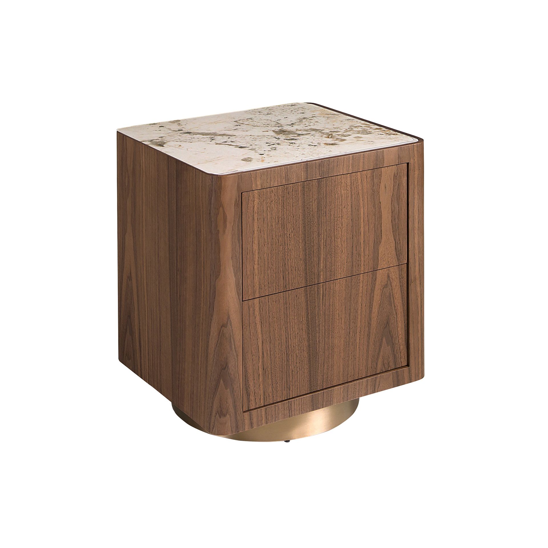 Bedside table in walnut, polished gold steel and porcelain marble top