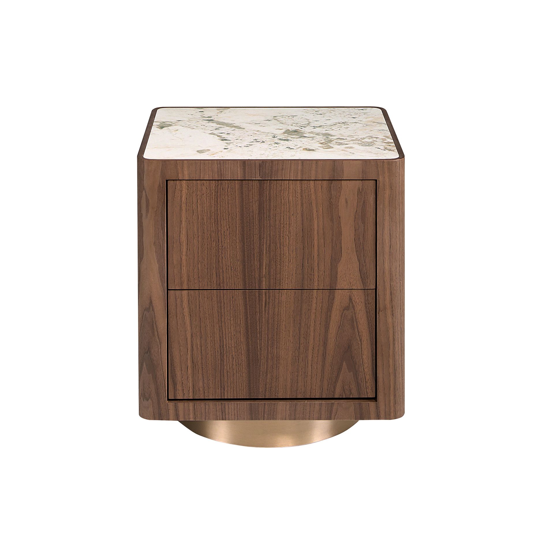 Bedside table in walnut, polished gold steel and porcelain marble top