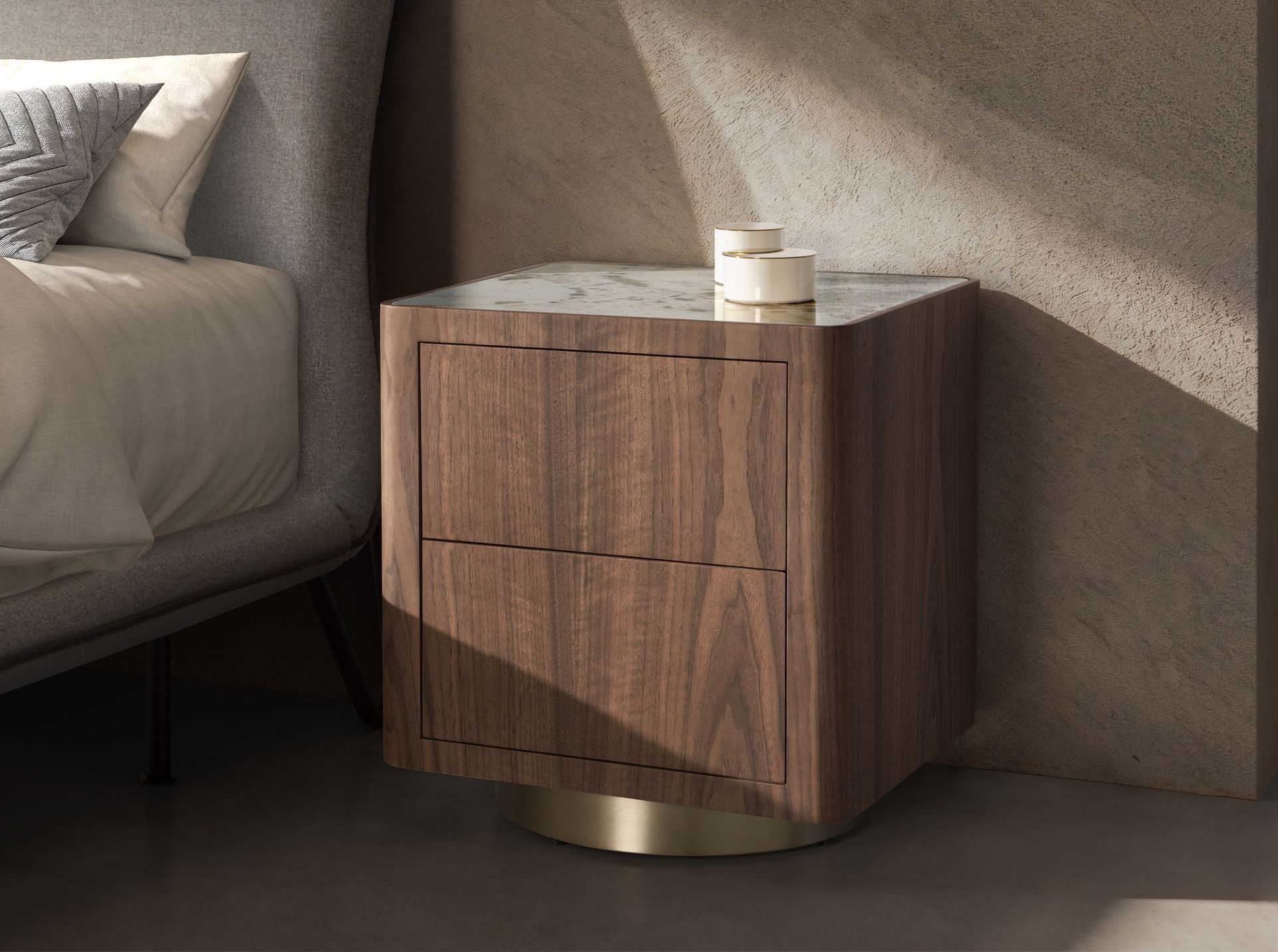 Bedside table in walnut, polished gold steel and porcelain marble top