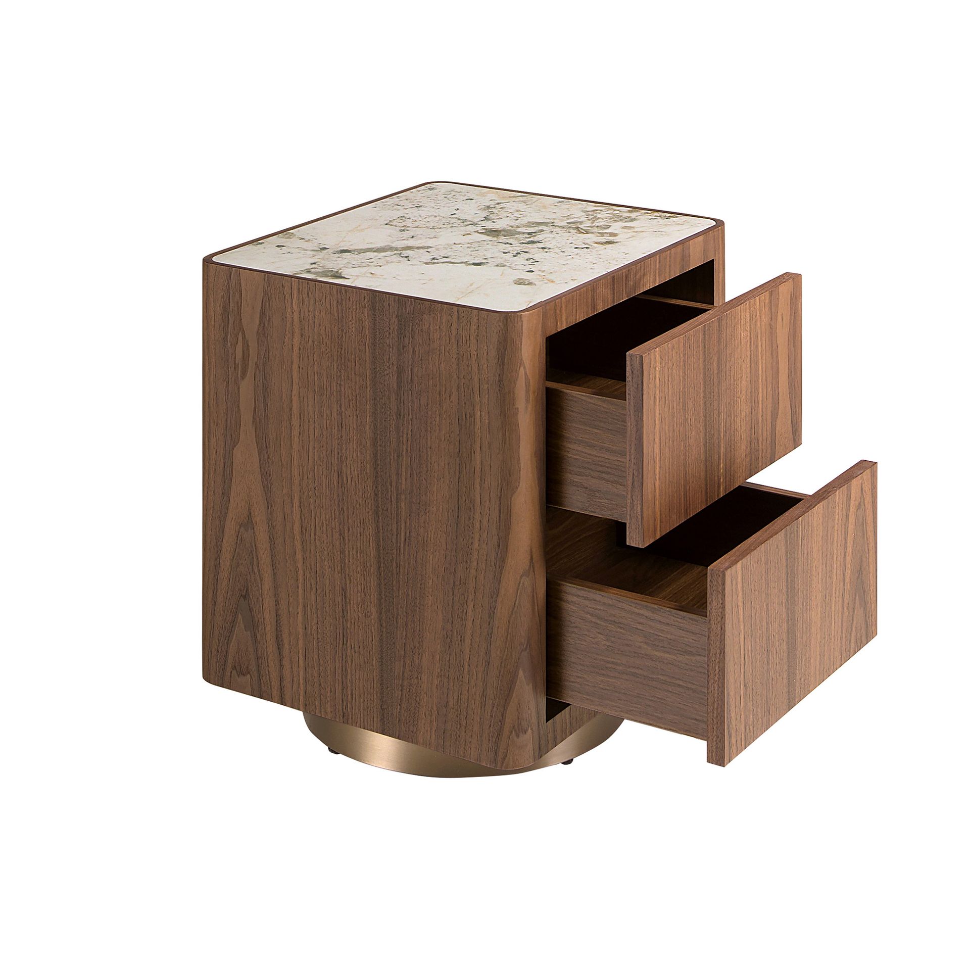 Bedside table in walnut, polished gold steel and porcelain marble top