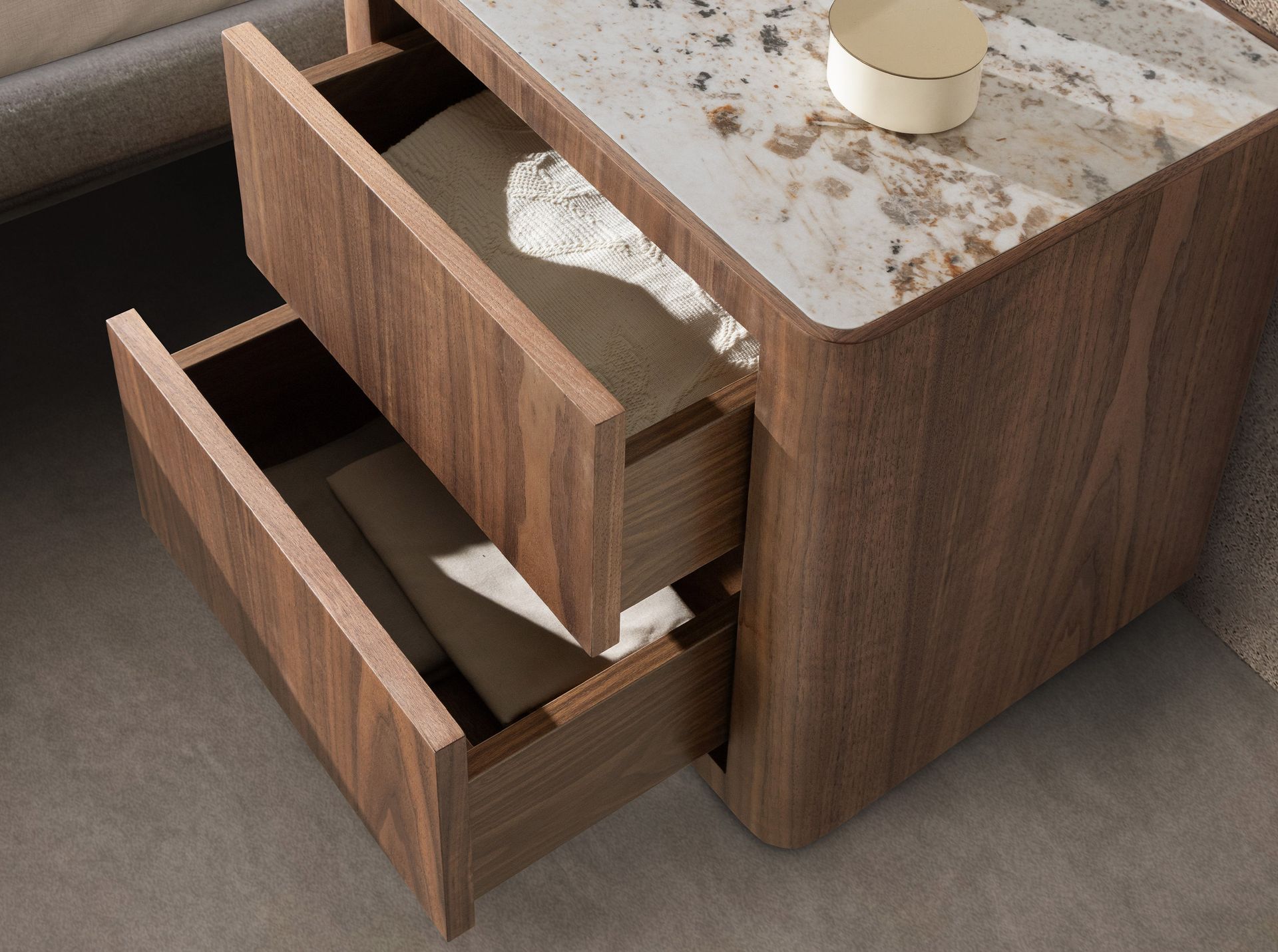 Bedside table in walnut, polished gold steel and porcelain marble top